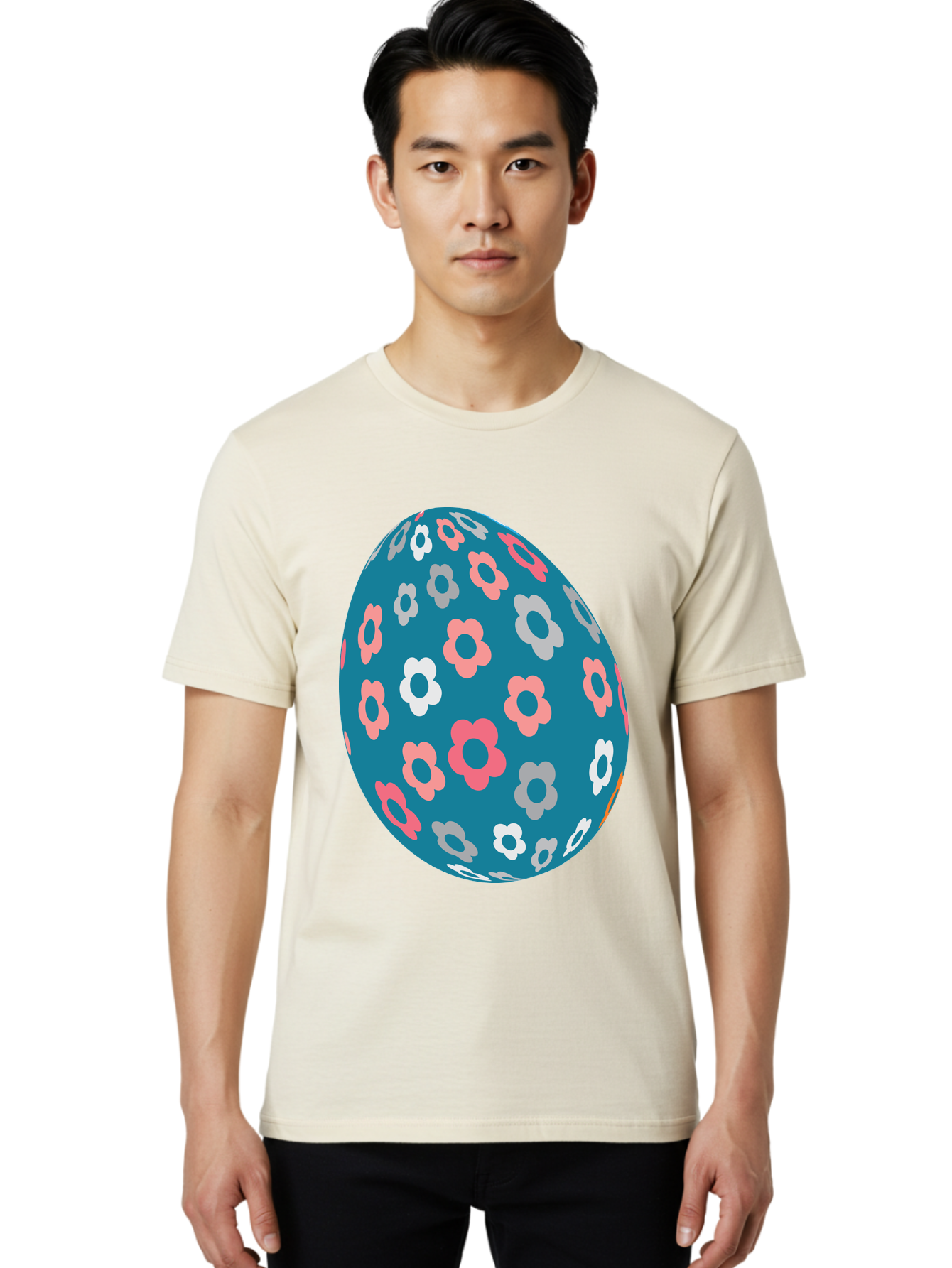 Easter-Egg Men'S Graphic Tee, 100% Cotton, Comfortable Casual Summer Wear, Machine Washable, Blue Easter Egg, Floral Pattern, Pink And White Flowers, Spring Decoration, Easter Egg Decoration, Digital Illustration, Easter Theme, Aac676 28