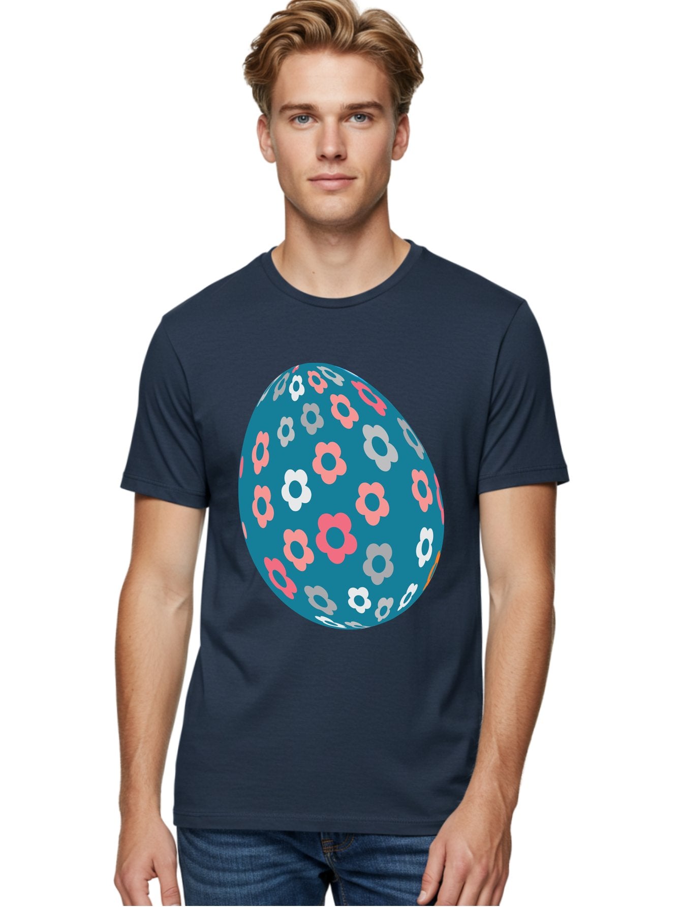 Easter-Egg Men'S Graphic Tee, 100% Cotton, Comfortable Casual Summer Wear, Machine Washable, Blue Easter Egg, Floral Pattern, Pink And White Flowers, Spring Decoration, Easter Egg Decoration, Digital Illustration, Easter Theme, Aac676 22