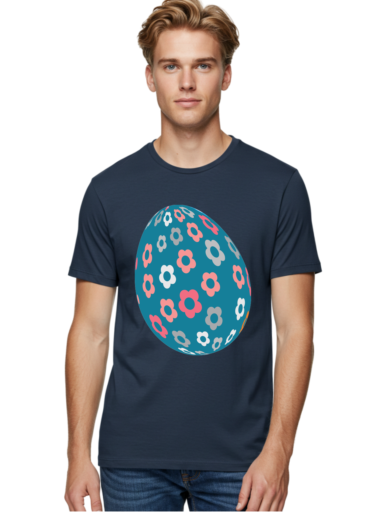 Easter-Egg Men'S Graphic Tee, 100% Cotton, Comfortable Casual Summer Wear, Machine Washable, Blue Easter Egg, Floral Pattern, Pink And White Flowers, Spring Decoration, Easter Egg Decoration, Digital Illustration, Easter Theme, Aac676 18