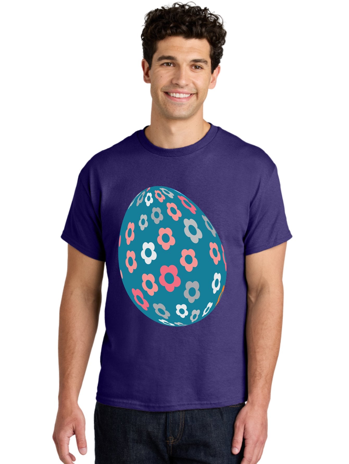 Easter-Egg Men'S Graphic Tee, 100% Cotton, Comfortable Casual Summer Wear, Machine Washable, Blue Easter Egg, Floral Pattern, Pink And White Flowers, Spring Decoration, Easter Egg Decoration, Digital Illustration, Easter Theme, Aac676 28