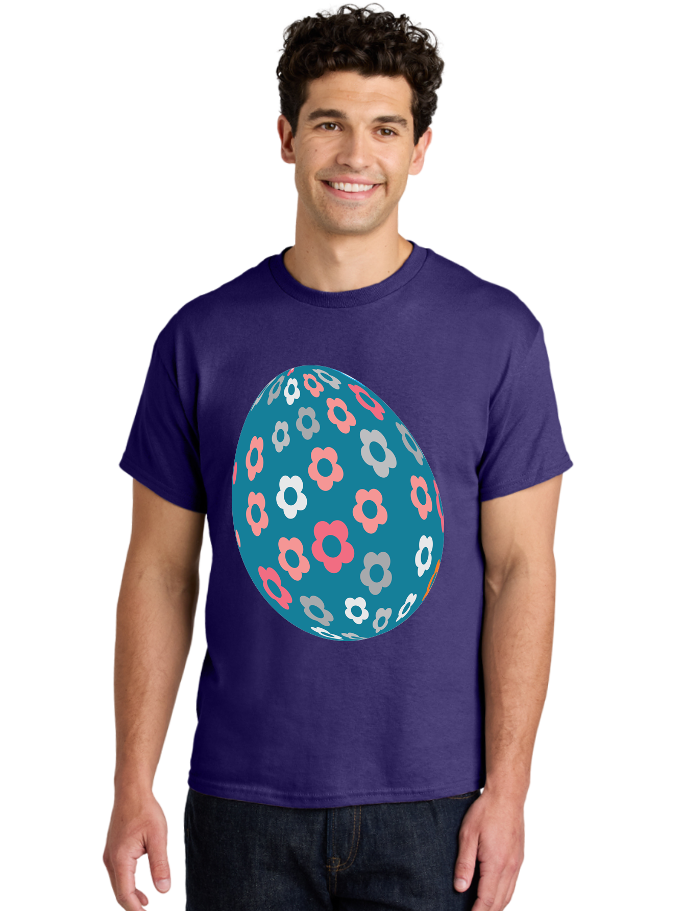 Easter-Egg Men'S Graphic Tee, 100% Cotton, Comfortable Casual Summer Wear, Machine Washable, Blue Easter Egg, Floral Pattern, Pink And White Flowers, Spring Decoration, Easter Egg Decoration, Digital Illustration, Easter Theme, Aac676 6