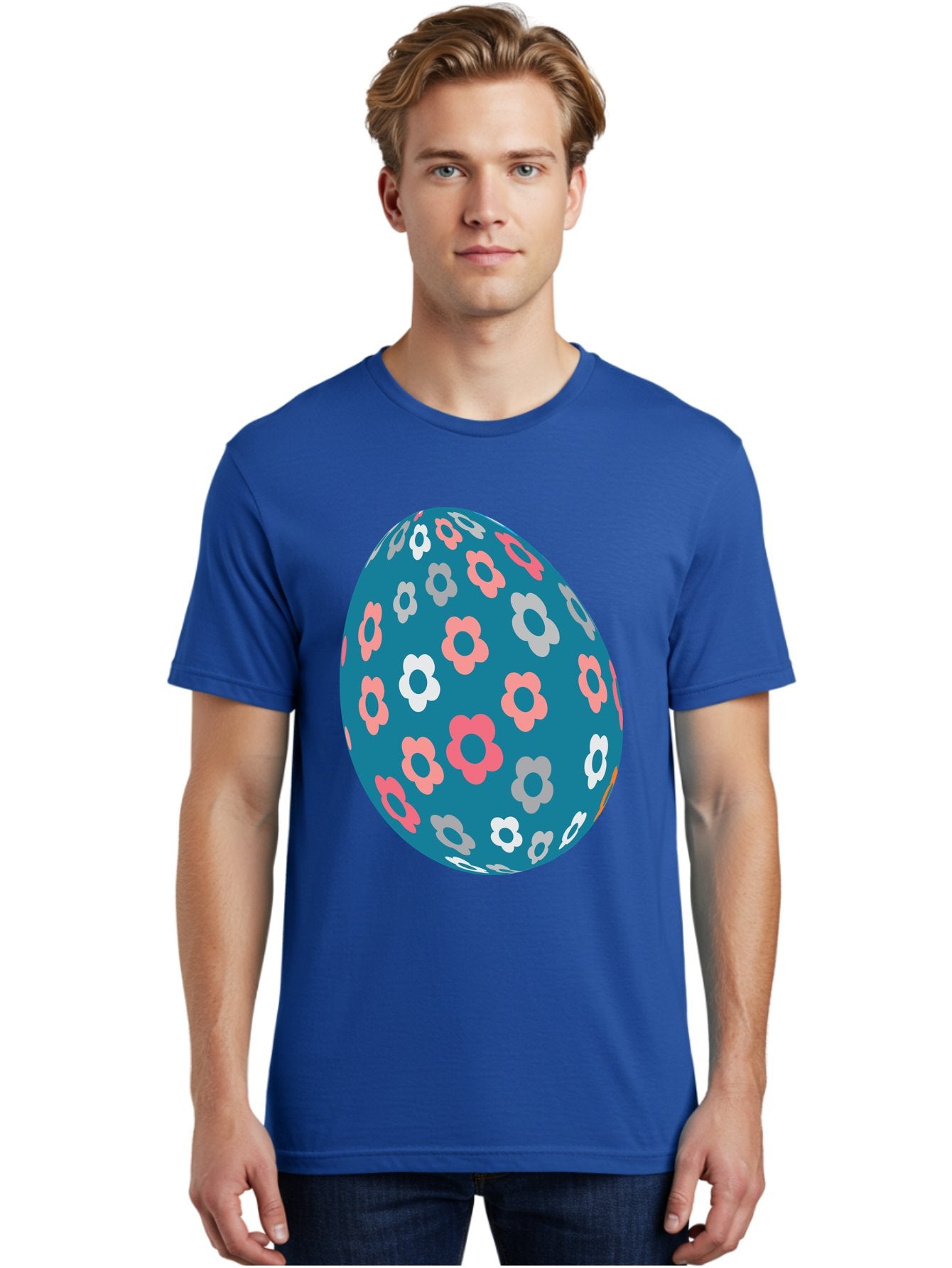 Easter-Egg Men'S Graphic Tee, 100% Cotton, Comfortable Casual Summer Wear, Machine Washable, Blue Easter Egg, Floral Pattern, Pink And White Flowers, Spring Decoration, Easter Egg Decoration, Digital Illustration, Easter Theme, Aac676 29