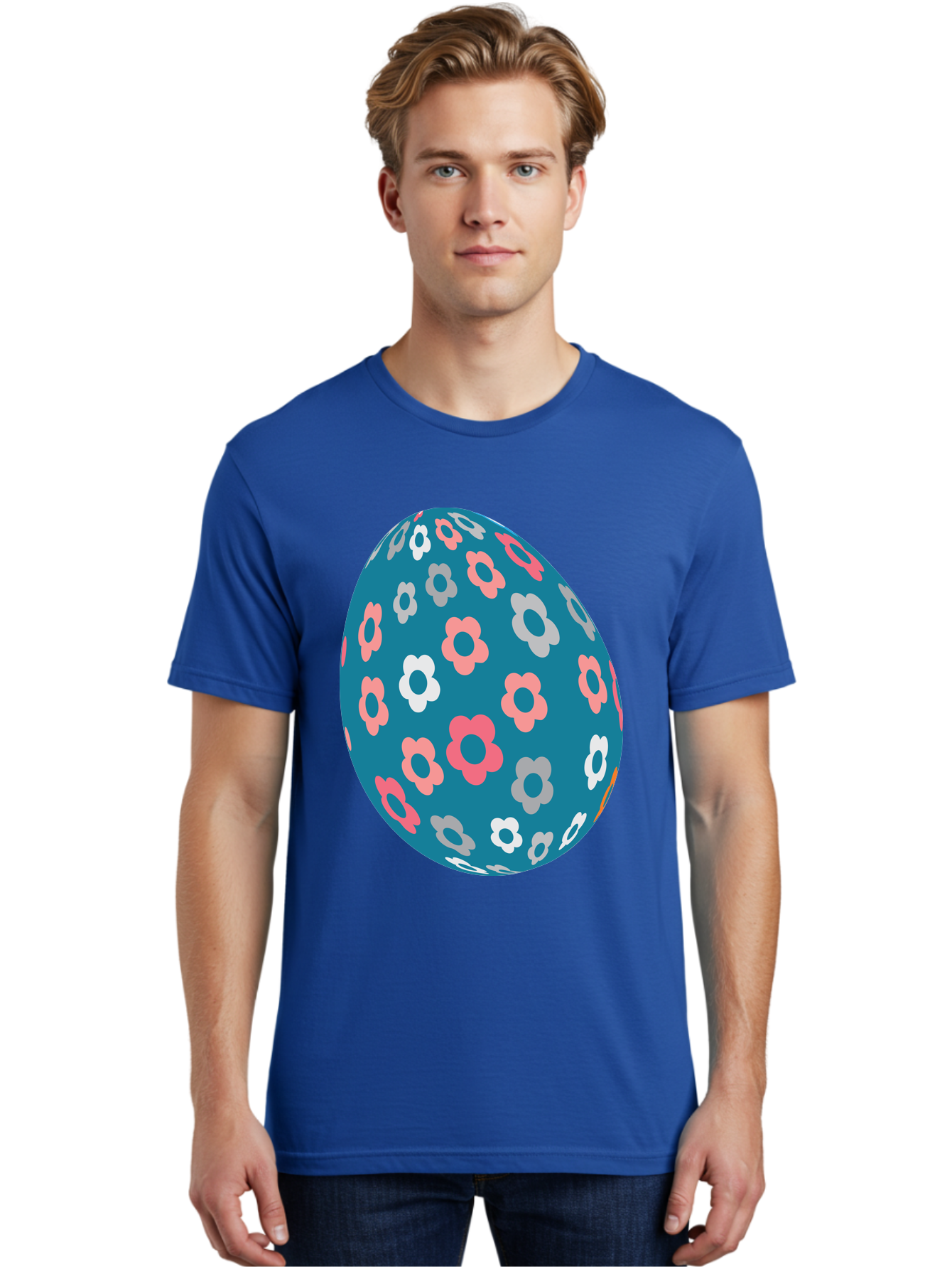 Easter-Egg Men'S Graphic Tee, 100% Cotton, Comfortable Casual Summer Wear, Machine Washable, Blue Easter Egg, Floral Pattern, Pink And White Flowers, Spring Decoration, Easter Egg Decoration, Digital Illustration, Easter Theme, Aac676 4