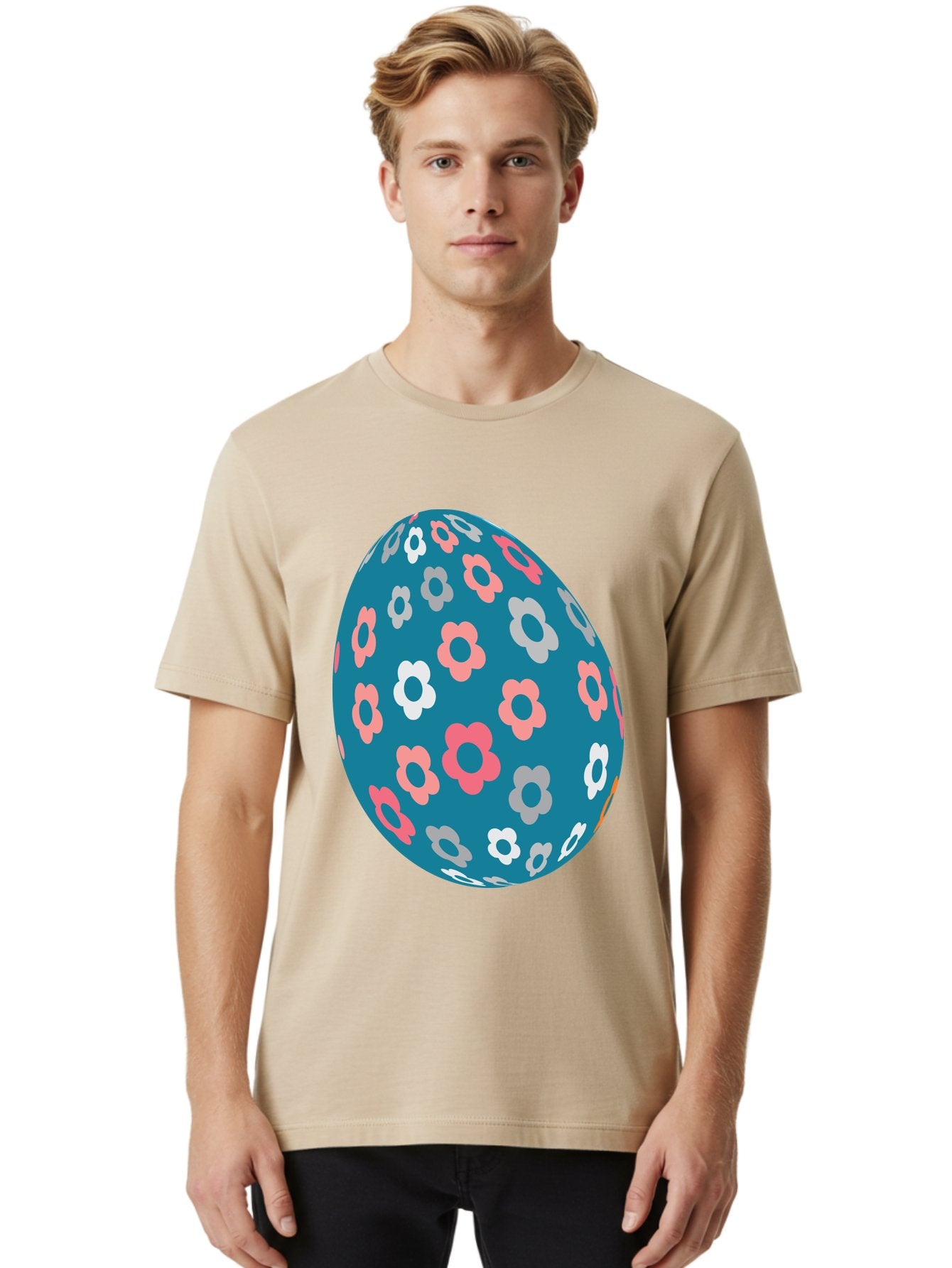 Easter-Egg Men'S Graphic Tee, 100% Cotton, Comfortable Casual Summer Wear, Machine Washable, Blue Easter Egg, Floral Pattern, Pink And White Flowers, Spring Decoration, Easter Egg Decoration, Digital Illustration, Easter Theme, Aac676 21