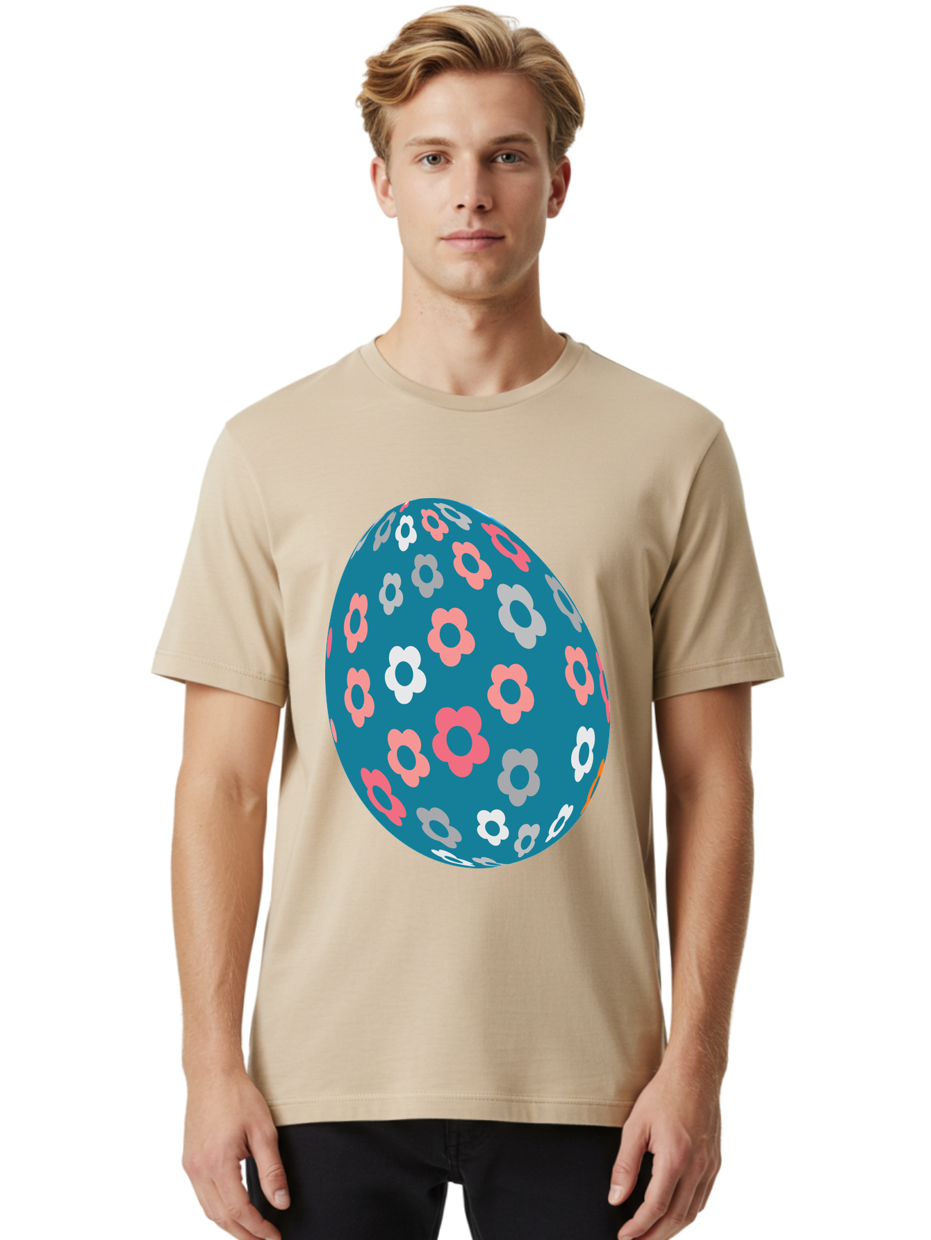 Easter-Egg Men'S Graphic Tee, 100% Cotton, Comfortable Casual Summer Wear, Machine Washable, Blue Easter Egg, Floral Pattern, Pink And White Flowers, Spring Decoration, Easter Egg Decoration, Digital Illustration, Easter Theme, Aac676 20