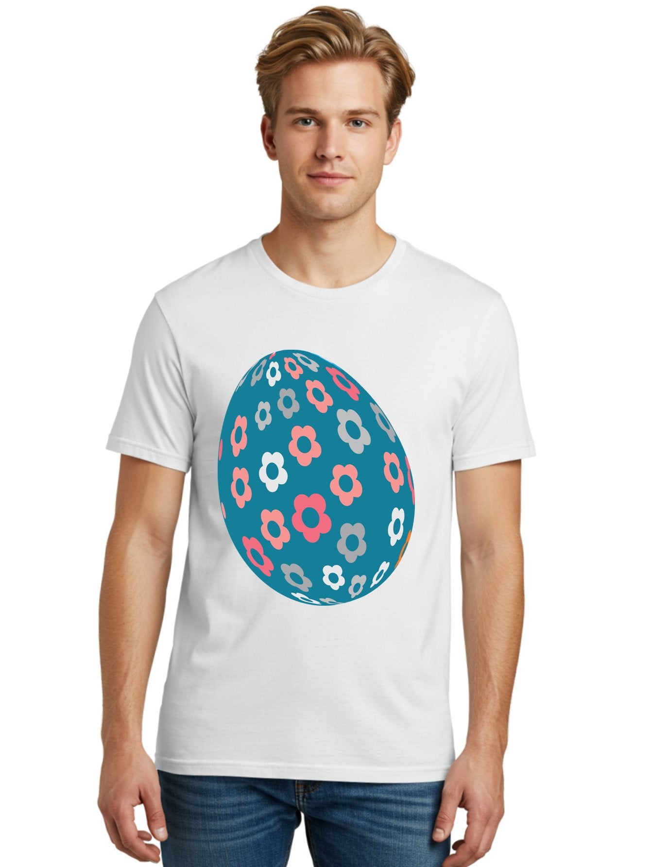Easter-Egg Men'S Graphic Tee, 100% Cotton, Comfortable Casual Summer Wear, Machine Washable, Blue Easter Egg, Floral Pattern, Pink And White Flowers, Spring Decoration, Easter Egg Decoration, Digital Illustration, Easter Theme, Aac676 24