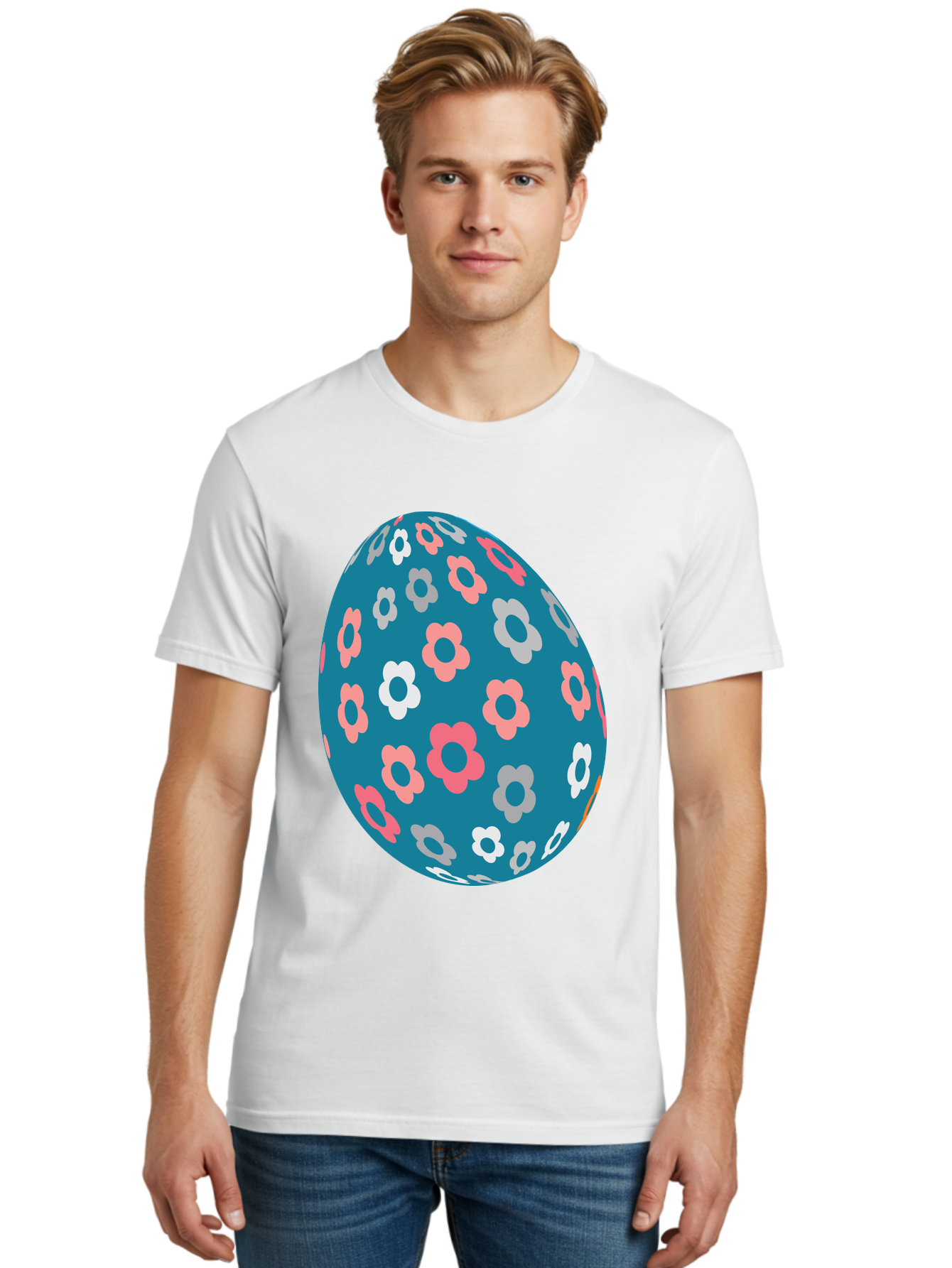 Easter-Egg Men'S Graphic Tee, 100% Cotton, Comfortable Casual Summer Wear, Machine Washable, Blue Easter Egg, Floral Pattern, Pink And White Flowers, Spring Decoration, Easter Egg Decoration, Digital Illustration, Easter Theme, Aac676 14