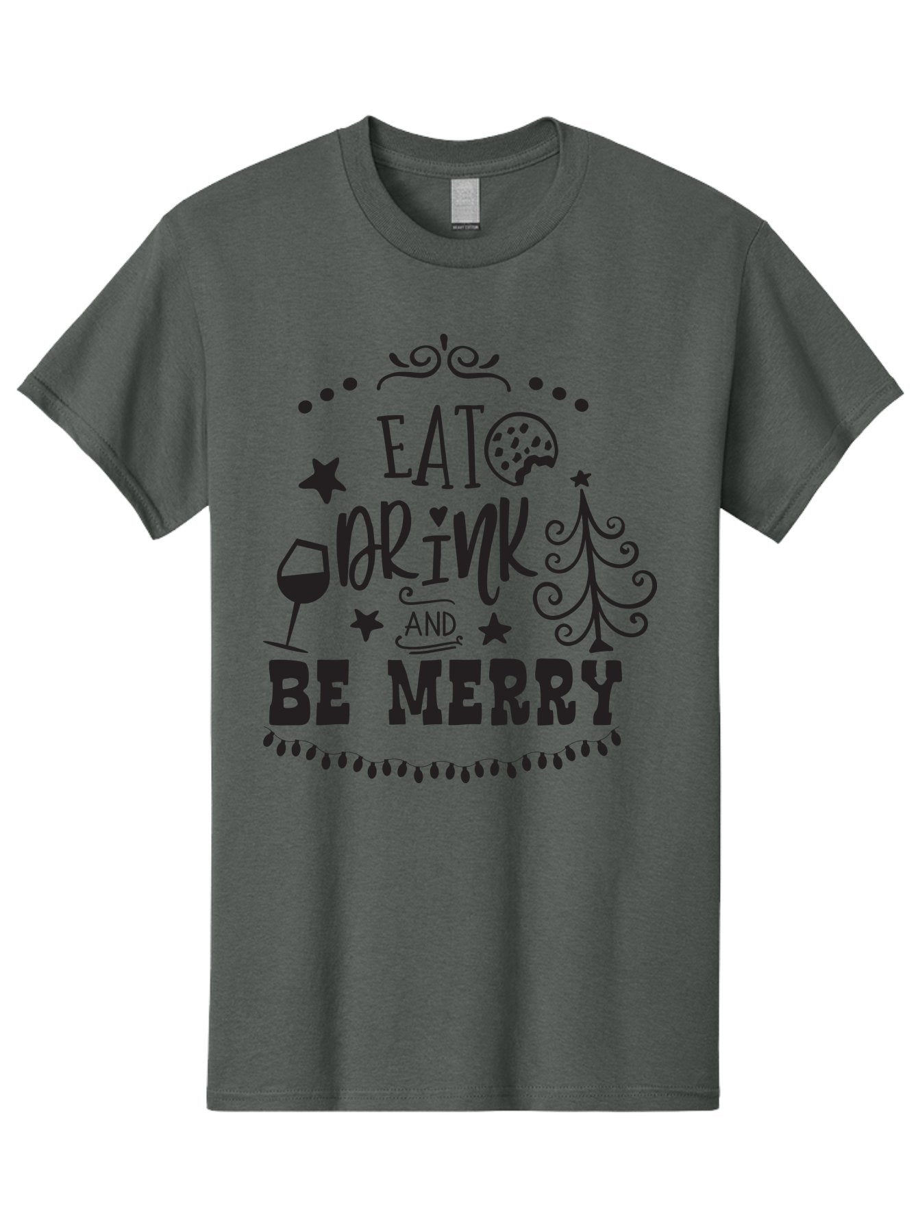 Eat-Drink-And-Be-Merry Men'S Graphic Tee, 100% Cotton, Comfortable Casual Summer Wear, Machine Washable, Holiday Cheer, Festive Vibes, Christmas Celebration, Wine Glass, Cookie, Christmas Tree, Stars, Festive Typography, Joyful Message, Aac679 9