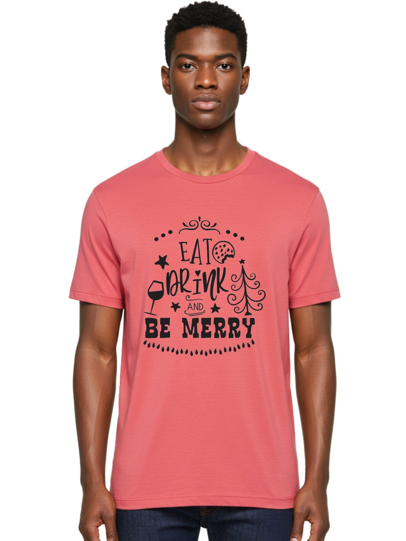Eat-Drink-And-Be-Merry Men'S Graphic Tee, 100% Cotton, Comfortable Casual Summer Wear, Machine Washable, Holiday Cheer, Festive Vibes, Christmas Celebration, Wine Glass, Cookie, Christmas Tree, Stars, Festive Typography, Joyful Message, Aac679 18