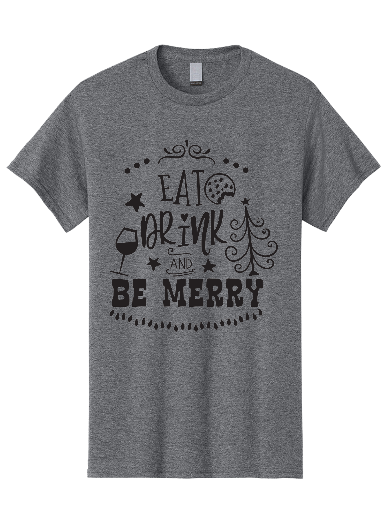 Eat-Drink-And-Be-Merry Men'S Graphic Tee, 100% Cotton, Comfortable Casual Summer Wear, Machine Washable, Holiday Cheer, Festive Vibes, Christmas Celebration, Wine Glass, Cookie, Christmas Tree, Stars, Festive Typography, Joyful Message, Aac679 25
