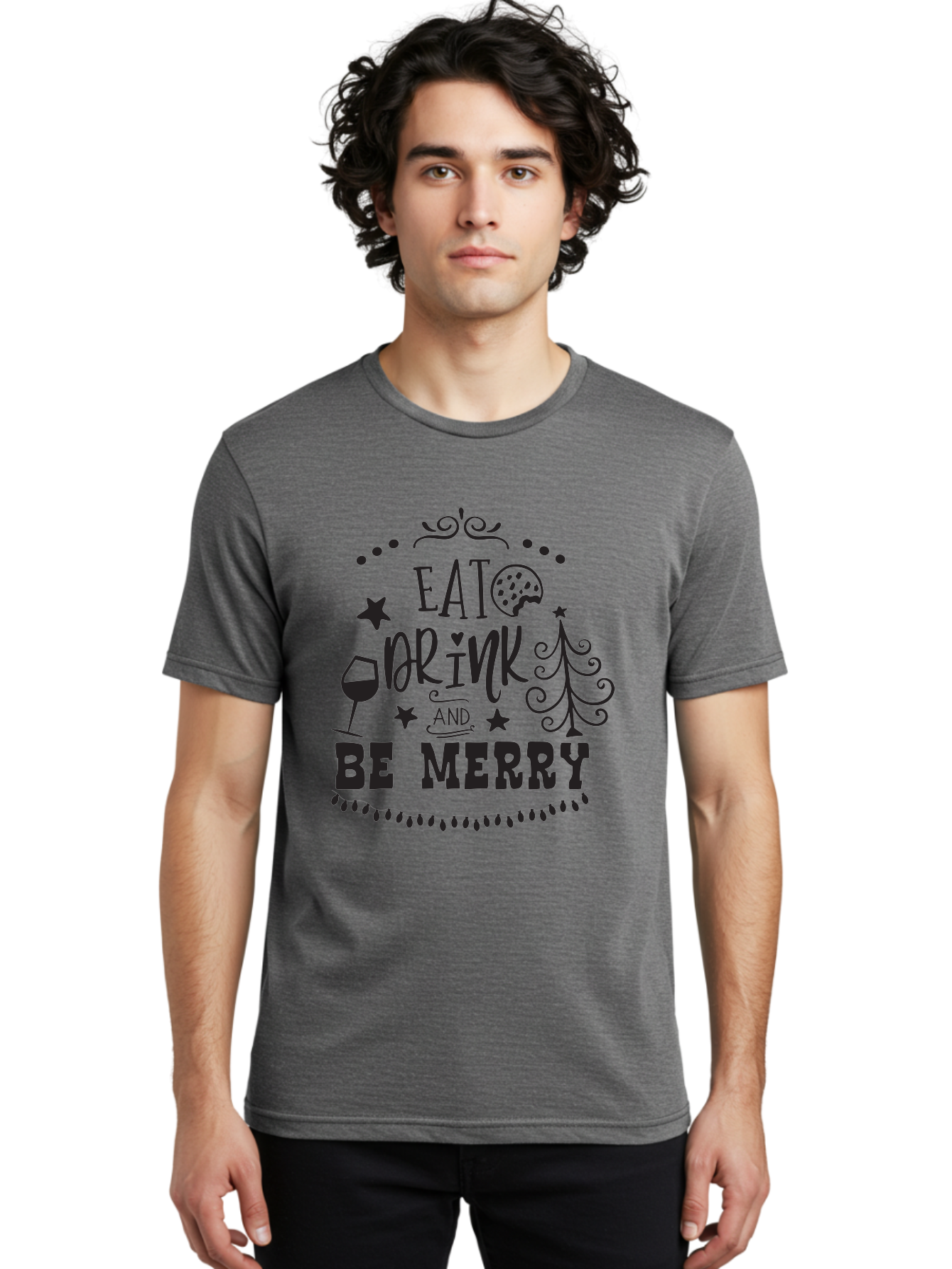Eat-Drink-And-Be-Merry Men'S Graphic Tee, 100% Cotton, Comfortable Casual Summer Wear, Machine Washable, Holiday Cheer, Festive Vibes, Christmas Celebration, Wine Glass, Cookie, Christmas Tree, Stars, Festive Typography, Joyful Message, Aac679 26