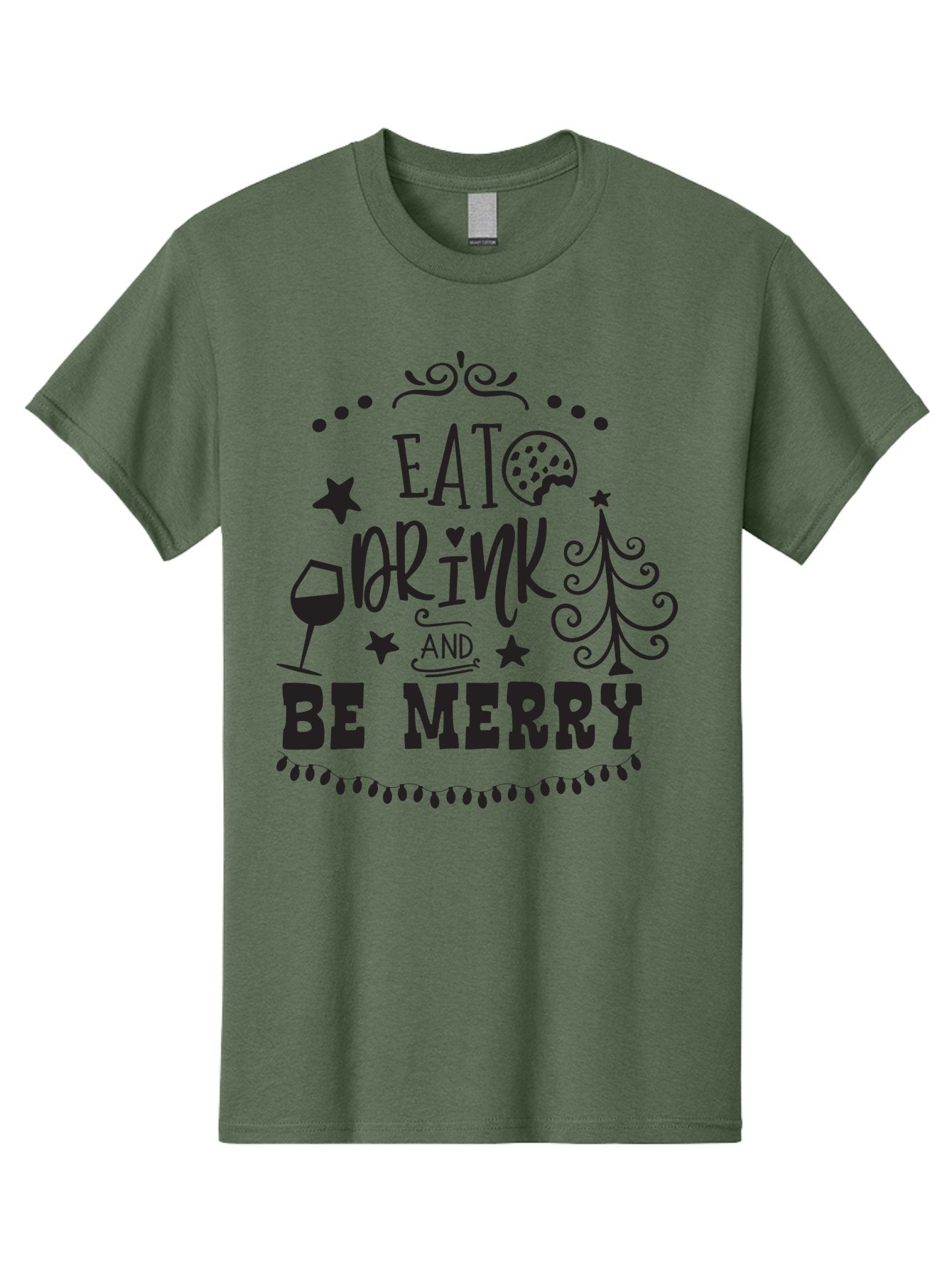 Eat-Drink-And-Be-Merry Men'S Graphic Tee, 100% Cotton, Comfortable Casual Summer Wear, Machine Washable, Holiday Cheer, Festive Vibes, Christmas Celebration, Wine Glass, Cookie, Christmas Tree, Stars, Festive Typography, Joyful Message, Aac679 8