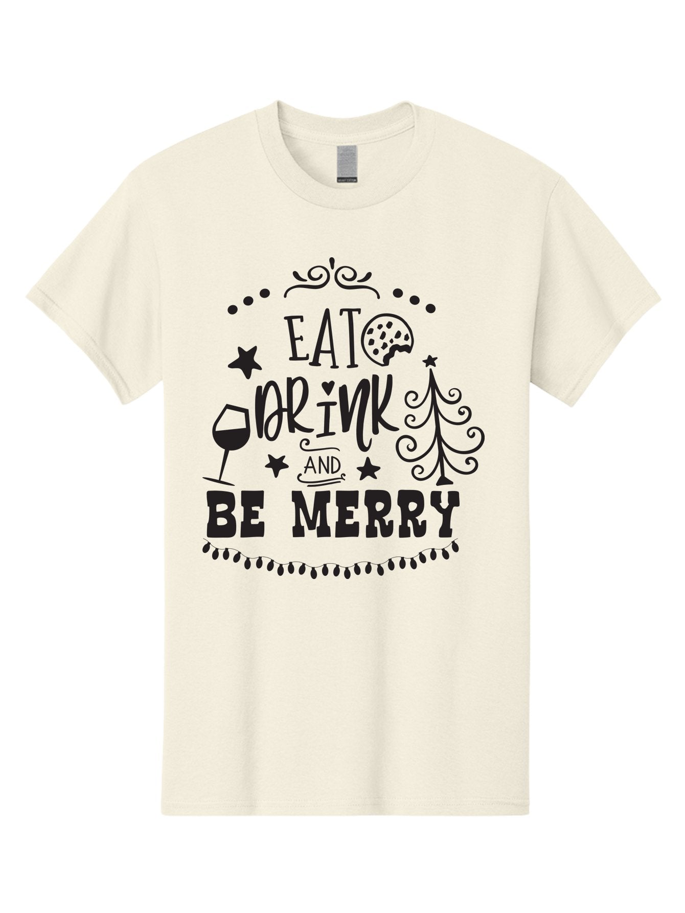 Eat-Drink-And-Be-Merry Men'S Graphic Tee, 100% Cotton, Comfortable Casual Summer Wear, Machine Washable, Holiday Cheer, Festive Vibes, Christmas Celebration, Wine Glass, Cookie, Christmas Tree, Stars, Festive Typography, Joyful Message, Aac679 15