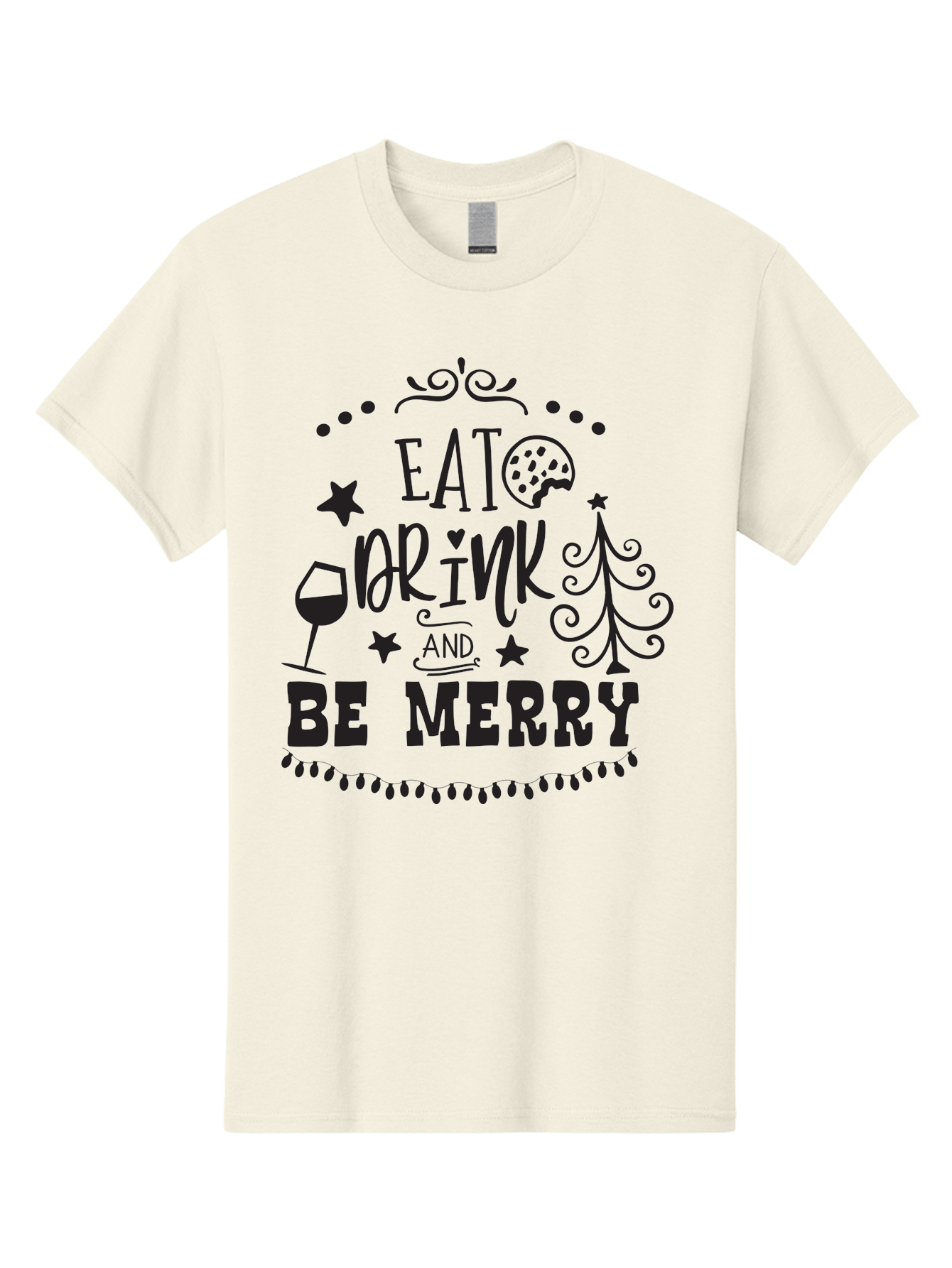 Eat-Drink-And-Be-Merry Men'S Graphic Tee, 100% Cotton, Comfortable Casual Summer Wear, Machine Washable, Holiday Cheer, Festive Vibes, Christmas Celebration, Wine Glass, Cookie, Christmas Tree, Stars, Festive Typography, Joyful Message, Aac679