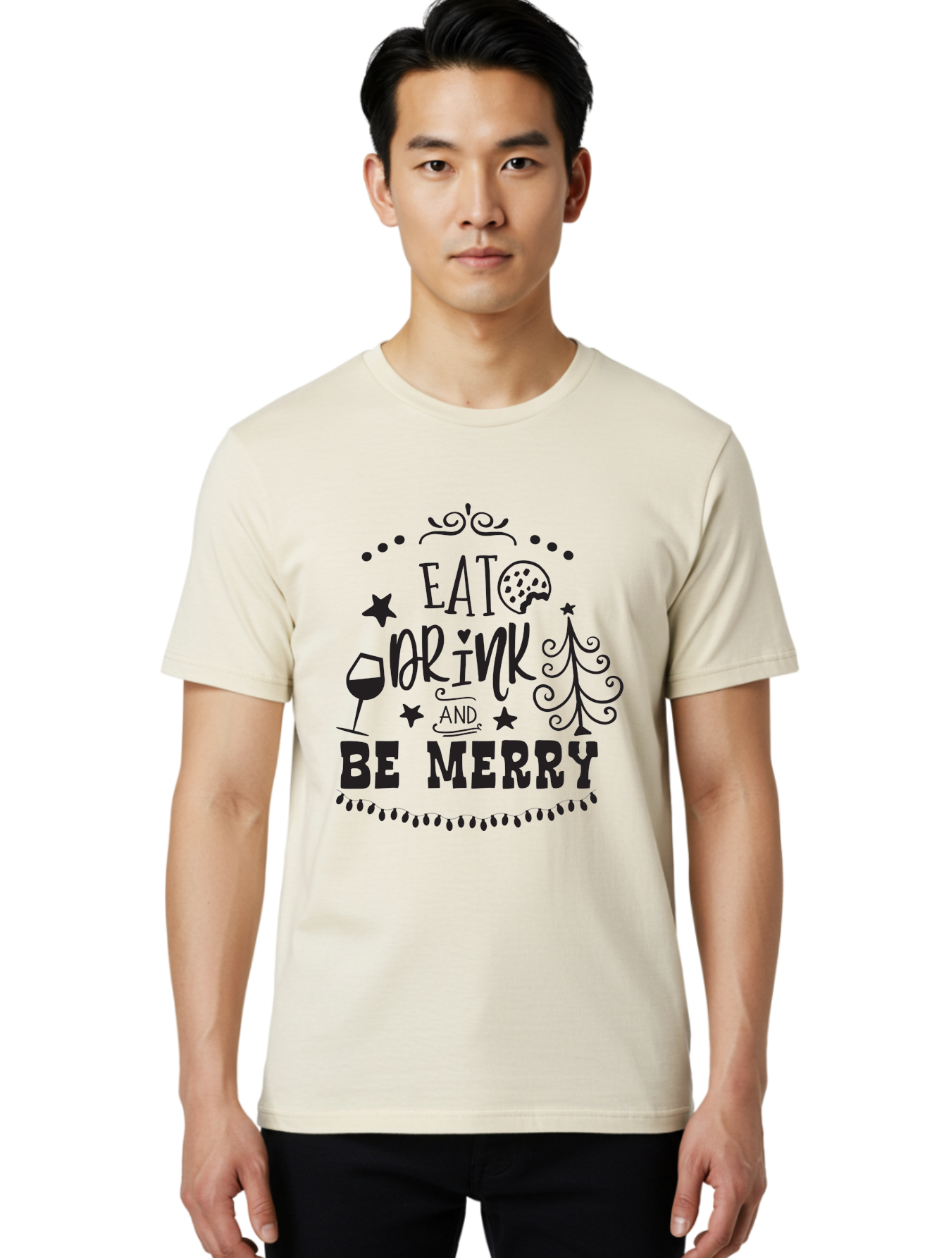 Eat-Drink-And-Be-Merry Men'S Graphic Tee, 100% Cotton, Comfortable Casual Summer Wear, Machine Washable, Holiday Cheer, Festive Vibes, Christmas Celebration, Wine Glass, Cookie, Christmas Tree, Stars, Festive Typography, Joyful Message, Aac679