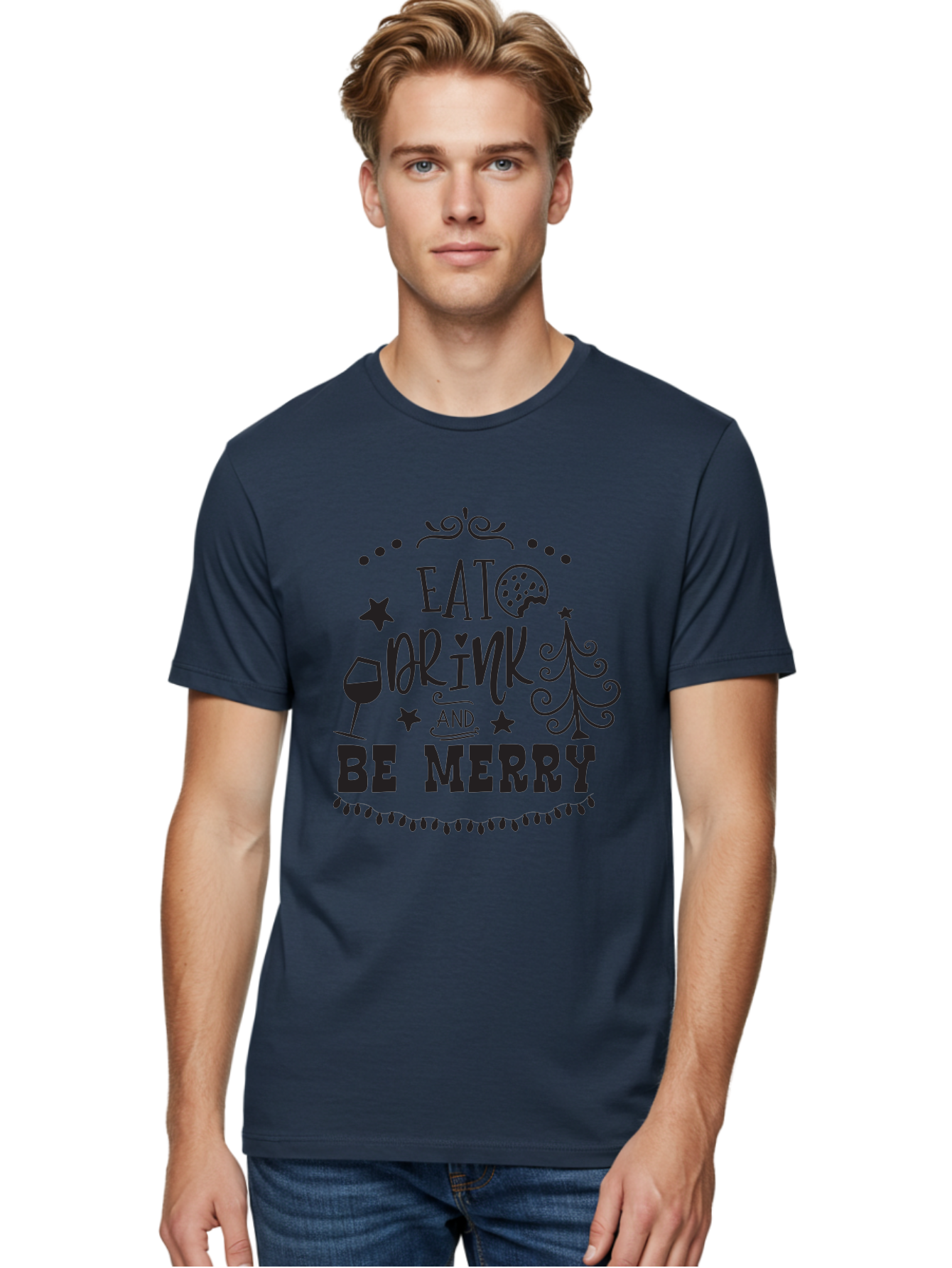 Eat-Drink-And-Be-Merry Men'S Graphic Tee, 100% Cotton, Comfortable Casual Summer Wear, Machine Washable, Holiday Cheer, Festive Vibes, Christmas Celebration, Wine Glass, Cookie, Christmas Tree, Stars, Festive Typography, Joyful Message, Aac679 20