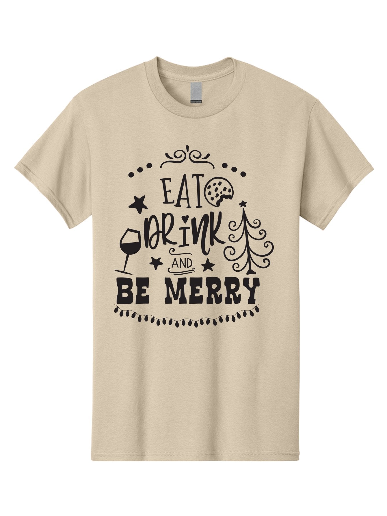 Eat-Drink-And-Be-Merry Men'S Graphic Tee, 100% Cotton, Comfortable Casual Summer Wear, Machine Washable, Holiday Cheer, Festive Vibes, Christmas Celebration, Wine Glass, Cookie, Christmas Tree, Stars, Festive Typography, Joyful Message, Aac679 12