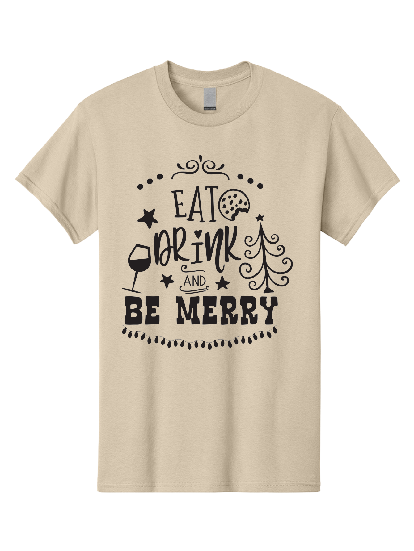 Eat-Drink-And-Be-Merry Men'S Graphic Tee, 100% Cotton, Comfortable Casual Summer Wear, Machine Washable, Holiday Cheer, Festive Vibes, Christmas Celebration, Wine Glass, Cookie, Christmas Tree, Stars, Festive Typography, Joyful Message, Aac679 5