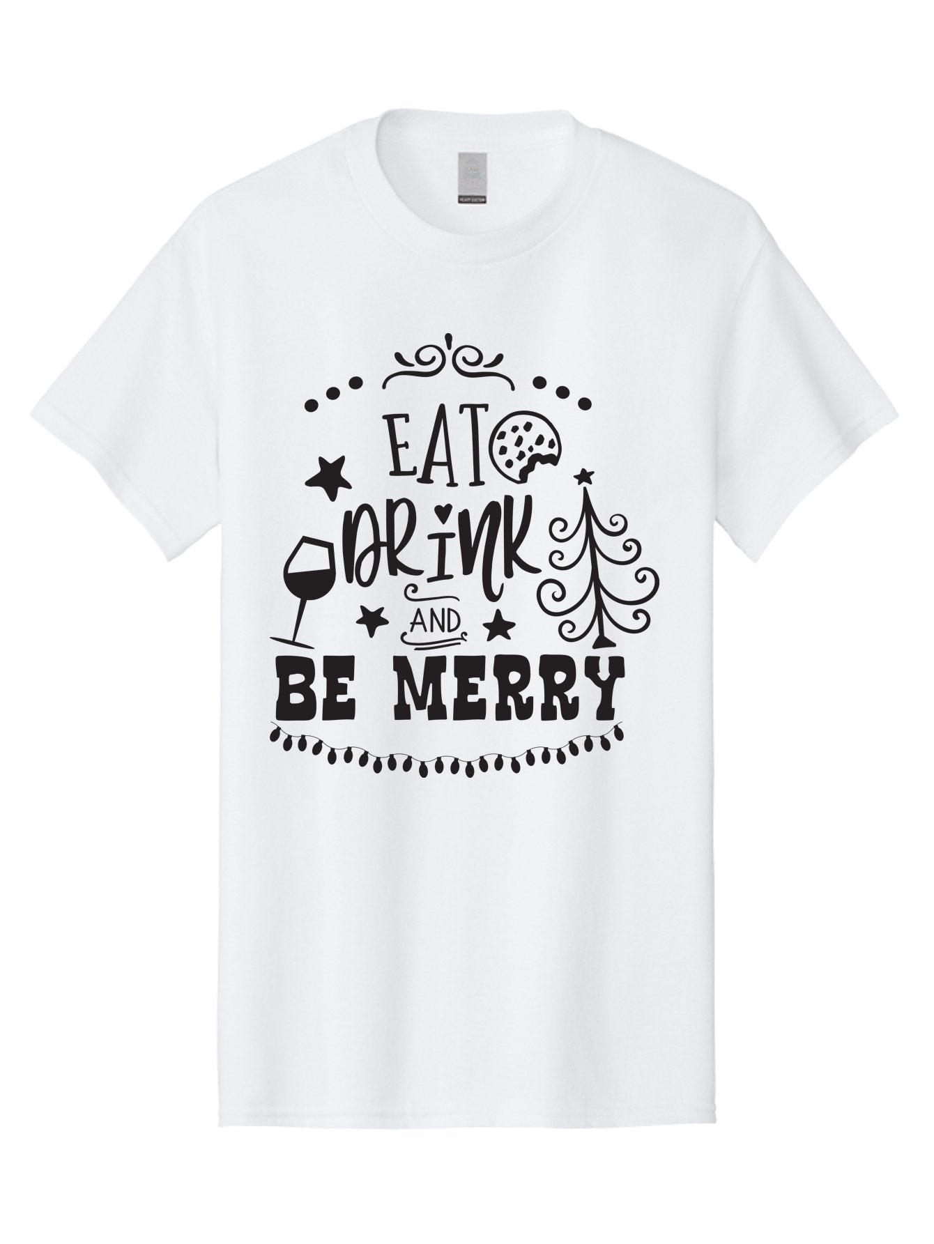Eat-Drink-And-Be-Merry Men'S Graphic Tee, 100% Cotton, Comfortable Casual Summer Wear, Machine Washable, Holiday Cheer, Festive Vibes, Christmas Celebration, Wine Glass, Cookie, Christmas Tree, Stars, Festive Typography, Joyful Message, Aac679 5