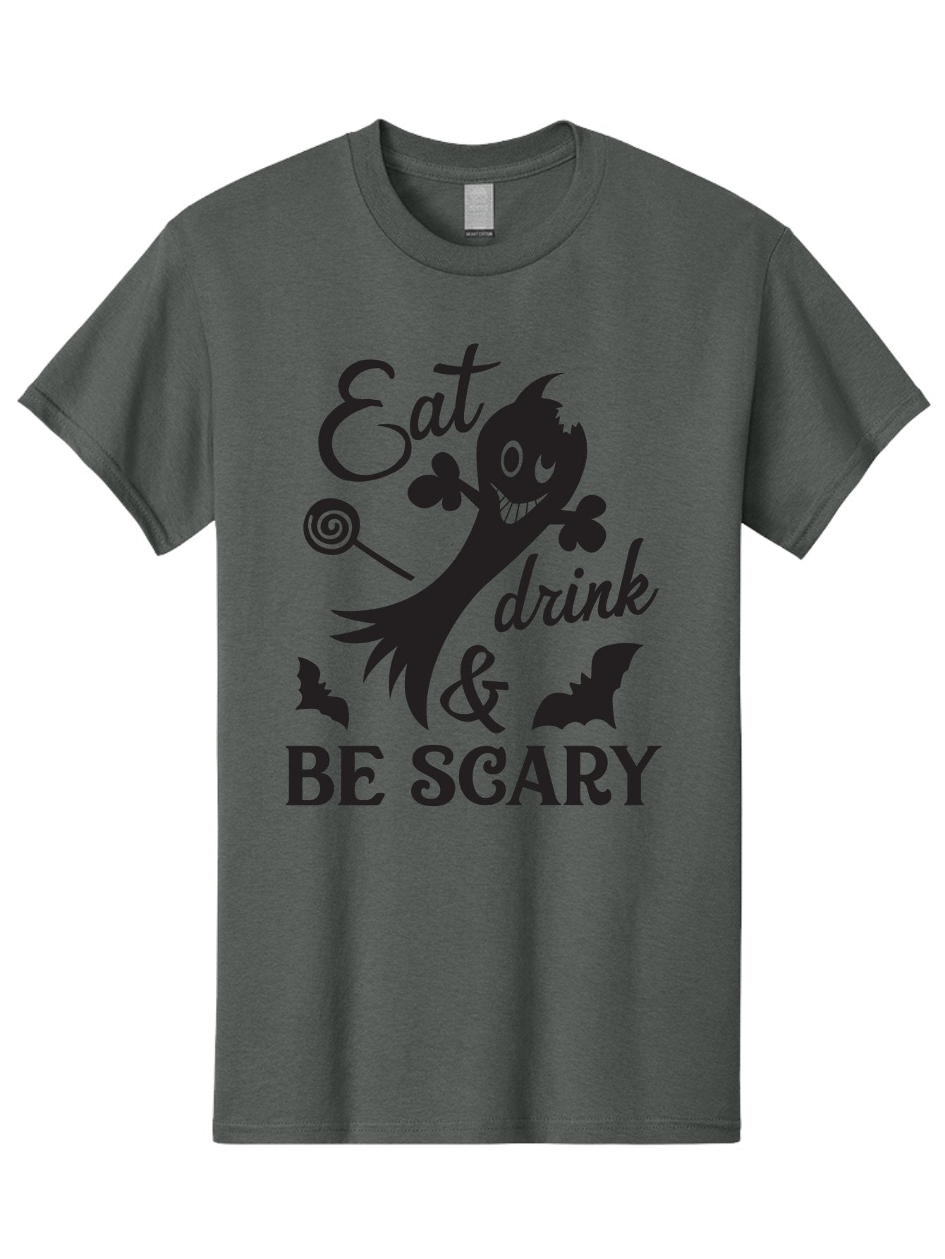 Eat-Drink-Be-Scary Men'S Graphic Tee, 100% Cotton, Comfortable Casual Summer Wear, Machine Washable, Halloween Design, Spooky T-Shirt, Halloween Quote, Eat Drink & Be Scary, Black Silhouette, Halloween Bats, Lollipop, Halloween Decorations, Aac680 15