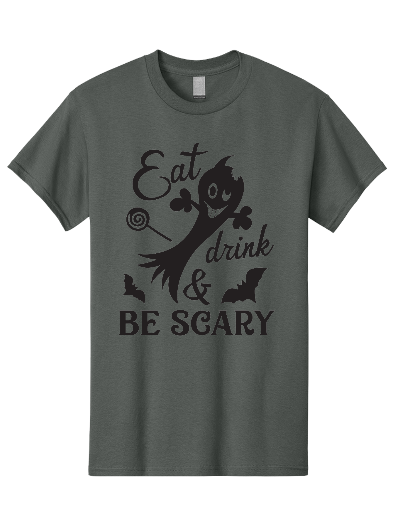 Eat-Drink-Be-Scary Men'S Graphic Tee, 100% Cotton, Comfortable Casual Summer Wear, Machine Washable, Halloween Design, Spooky T-Shirt, Halloween Quote, Eat Drink & Be Scary, Black Silhouette, Halloween Bats, Lollipop, Halloween Decorations, Aac680