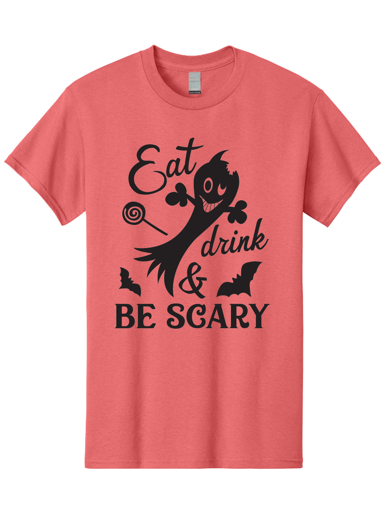Eat-Drink-Be-Scary Men'S Graphic Tee, 100% Cotton, Comfortable Casual Summer Wear, Machine Washable, Halloween Design, Spooky T-Shirt, Halloween Quote, Eat Drink & Be Scary, Black Silhouette, Halloween Bats, Lollipop, Halloween Decorations, Aac680 7