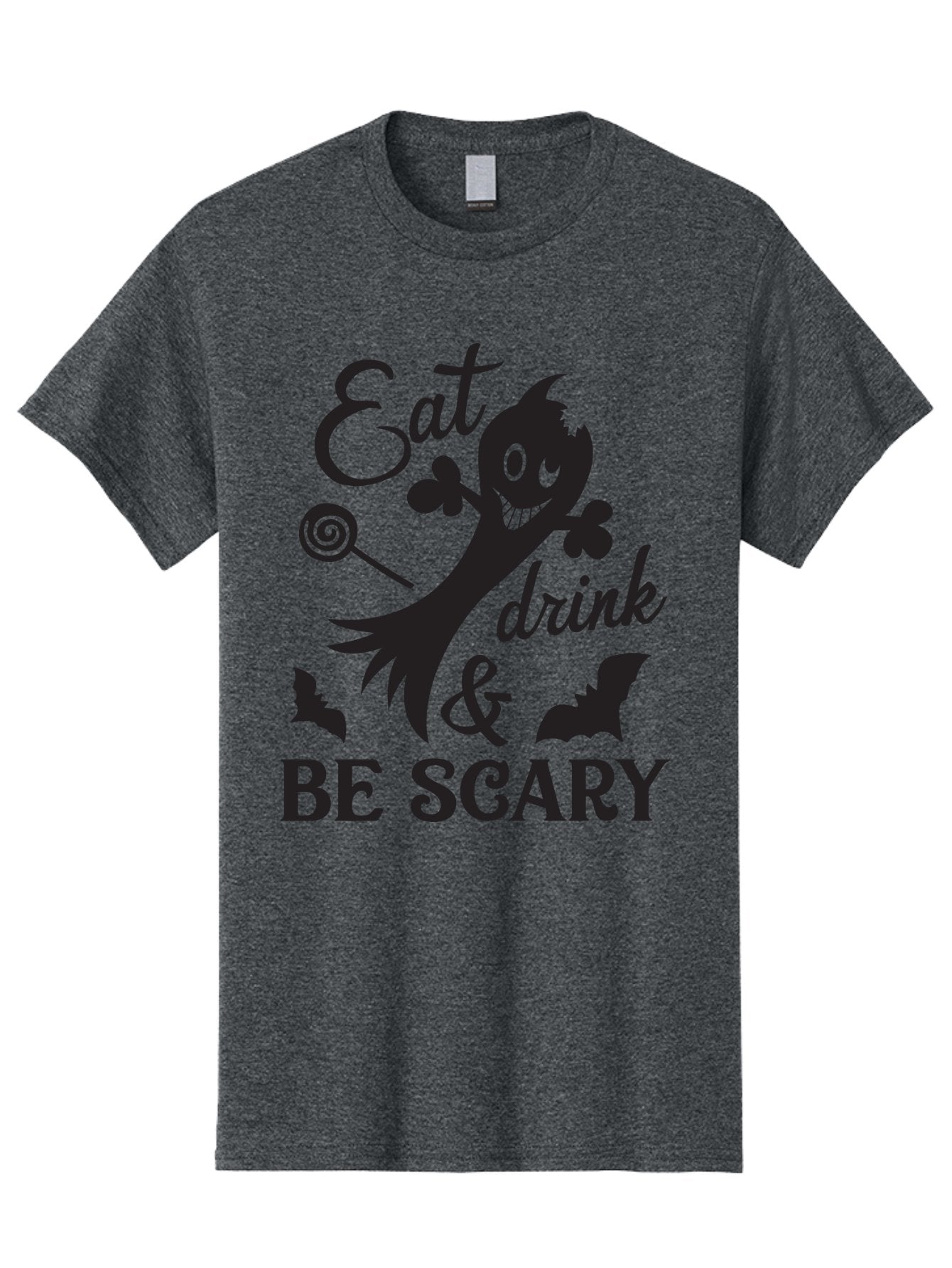 Eat-Drink-Be-Scary Men'S Graphic Tee, 100% Cotton, Comfortable Casual Summer Wear, Machine Washable, Halloween Design, Spooky T-Shirt, Halloween Quote, Eat Drink & Be Scary, Black Silhouette, Halloween Bats, Lollipop, Halloween Decorations, Aac680 13