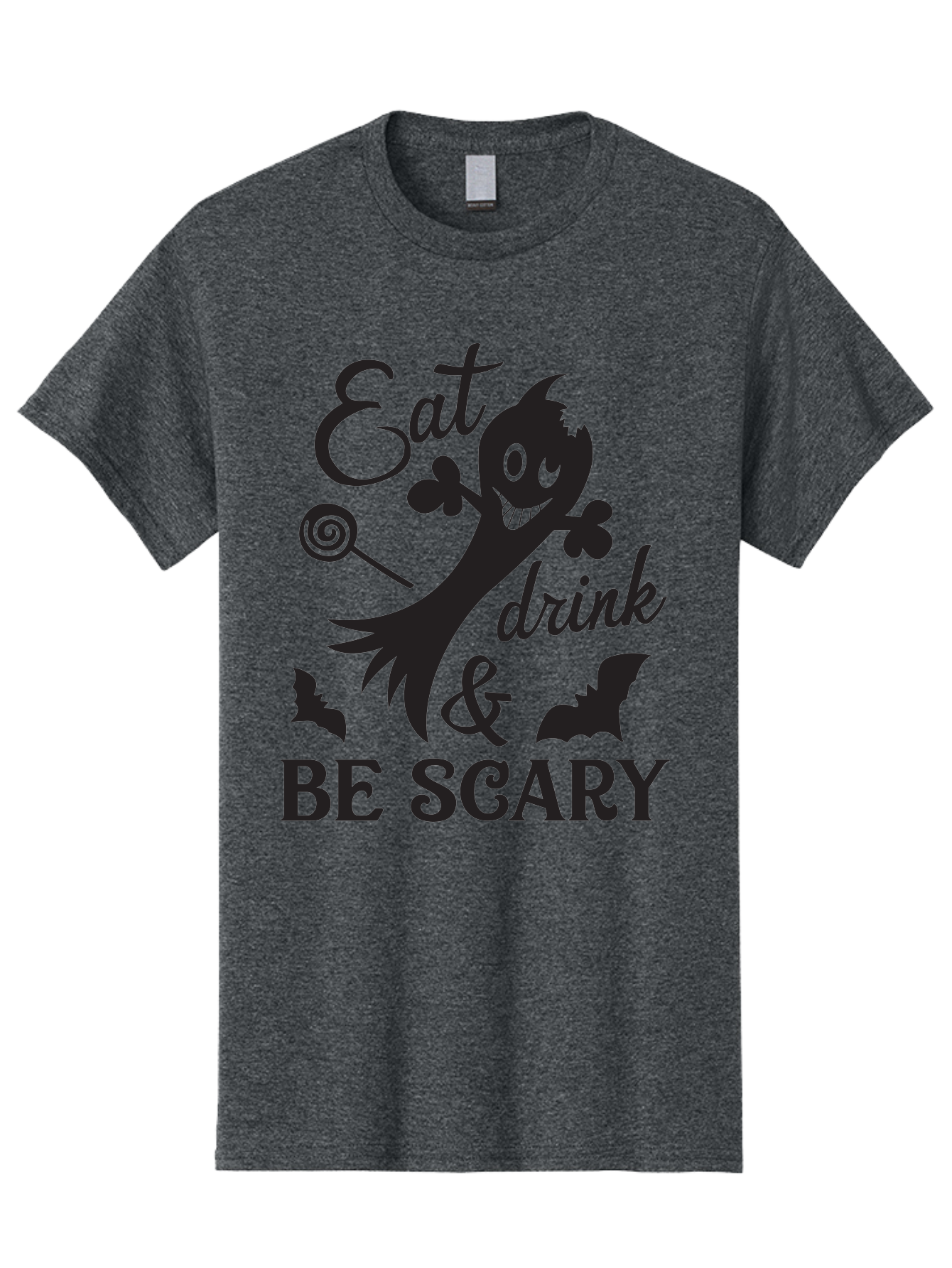Eat-Drink-Be-Scary Men'S Graphic Tee, 100% Cotton, Comfortable Casual Summer Wear, Machine Washable, Halloween Design, Spooky T-Shirt, Halloween Quote, Eat Drink & Be Scary, Black Silhouette, Halloween Bats, Lollipop, Halloween Decorations, Aac680 29