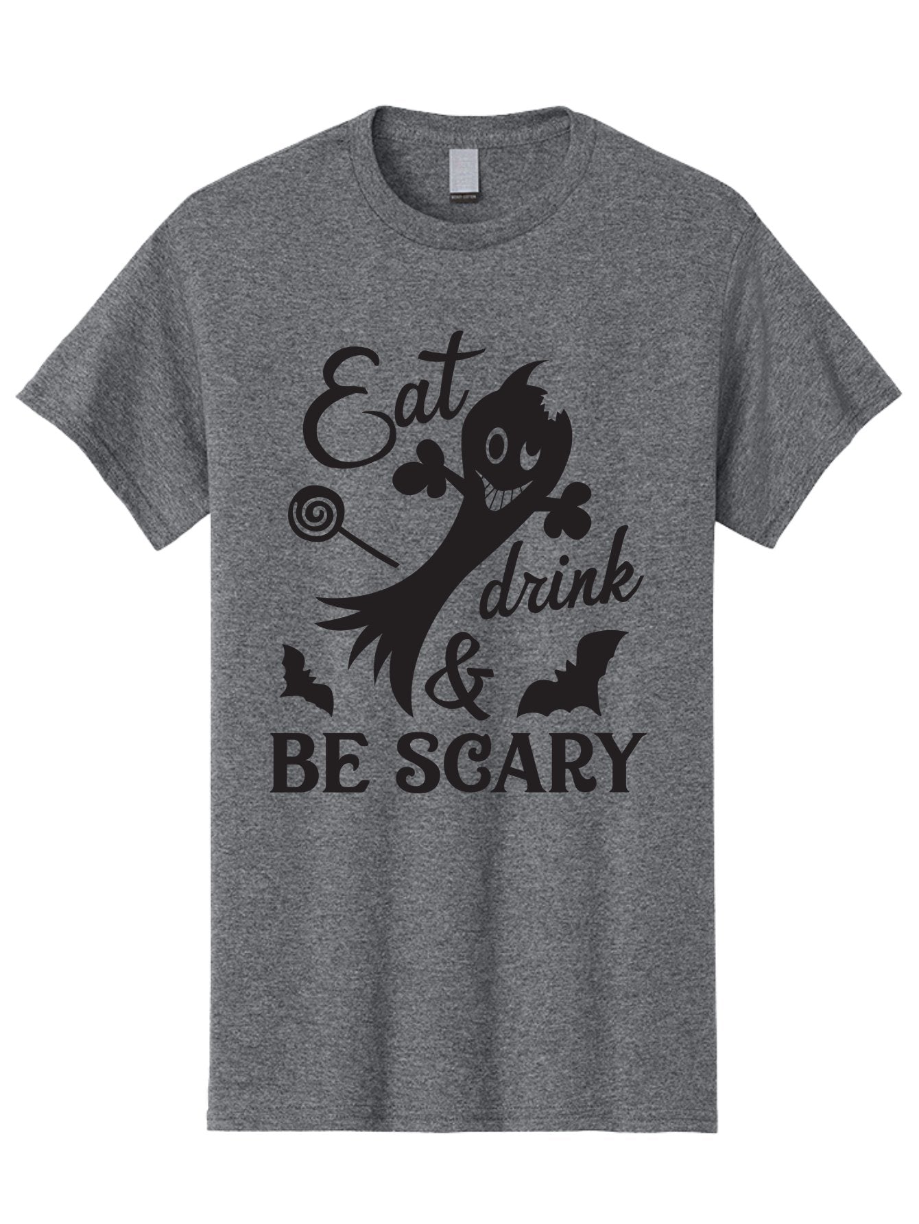 Eat-Drink-Be-Scary Men'S Graphic Tee, 100% Cotton, Comfortable Casual Summer Wear, Machine Washable, Halloween Design, Spooky T-Shirt, Halloween Quote, Eat Drink & Be Scary, Black Silhouette, Halloween Bats, Lollipop, Halloween Decorations, Aac680 9