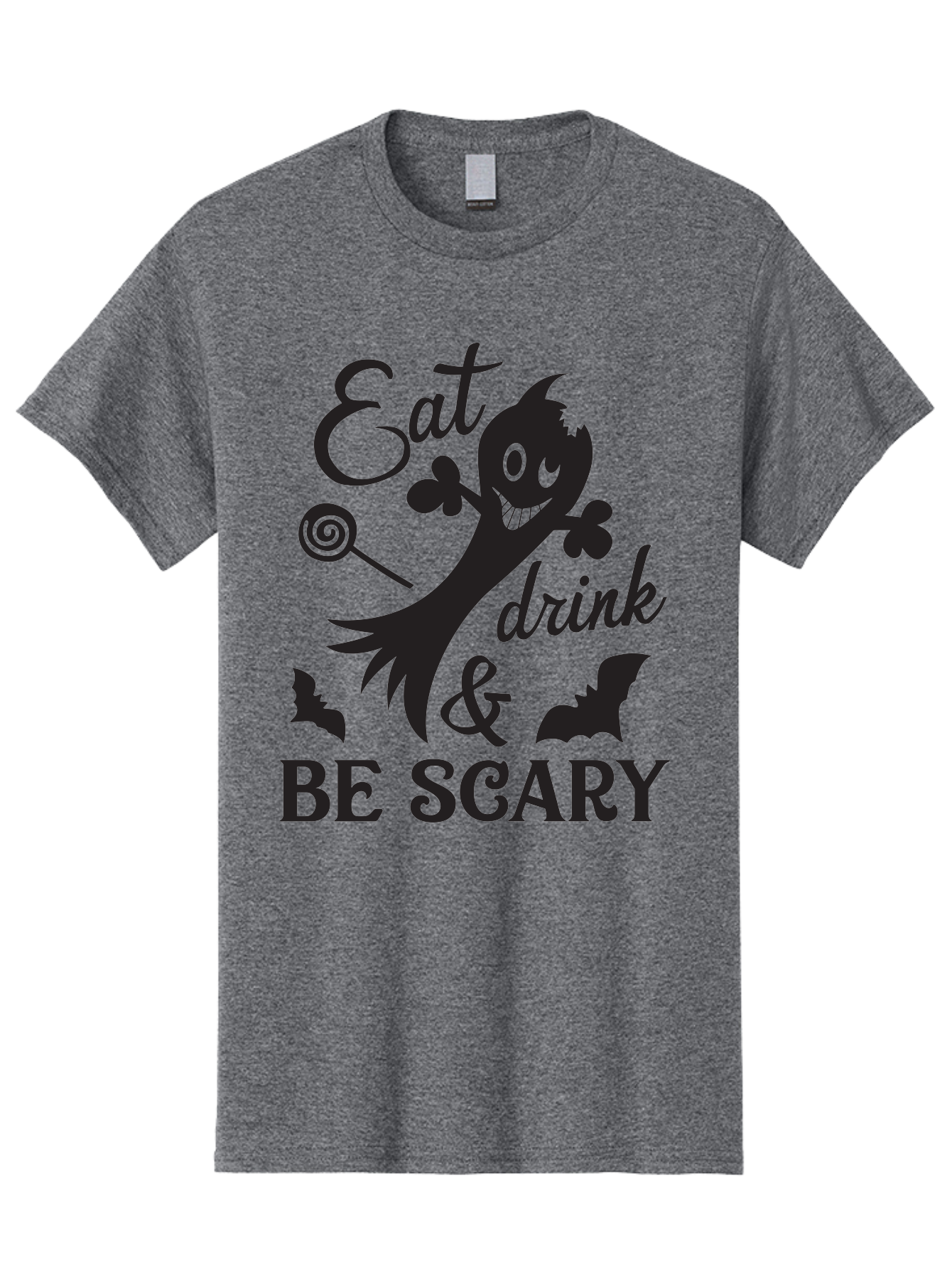 Eat-Drink-Be-Scary Men'S Graphic Tee, 100% Cotton, Comfortable Casual Summer Wear, Machine Washable, Halloween Design, Spooky T-Shirt, Halloween Quote, Eat Drink & Be Scary, Black Silhouette, Halloween Bats, Lollipop, Halloween Decorations, Aac680 9