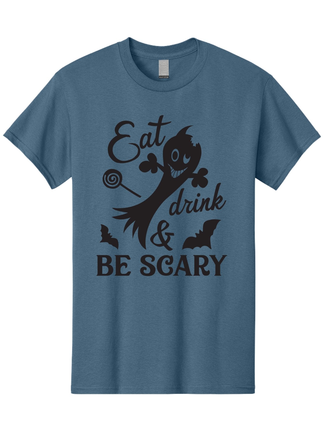 Eat-Drink-Be-Scary Men'S Graphic Tee, 100% Cotton, Comfortable Casual Summer Wear, Machine Washable, Halloween Design, Spooky T-Shirt, Halloween Quote, Eat Drink & Be Scary, Black Silhouette, Halloween Bats, Lollipop, Halloween Decorations, Aac680 3
