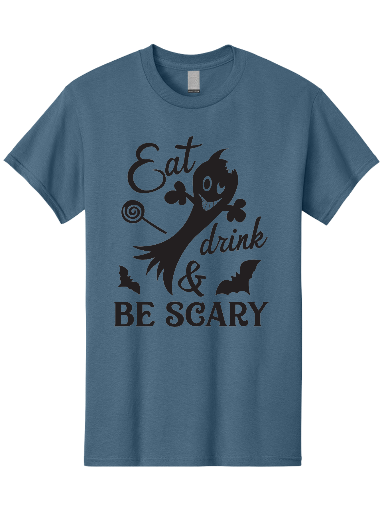 Eat-Drink-Be-Scary Men'S Graphic Tee, 100% Cotton, Comfortable Casual Summer Wear, Machine Washable, Halloween Design, Spooky T-Shirt, Halloween Quote, Eat Drink & Be Scary, Black Silhouette, Halloween Bats, Lollipop, Halloween Decorations, Aac680 17