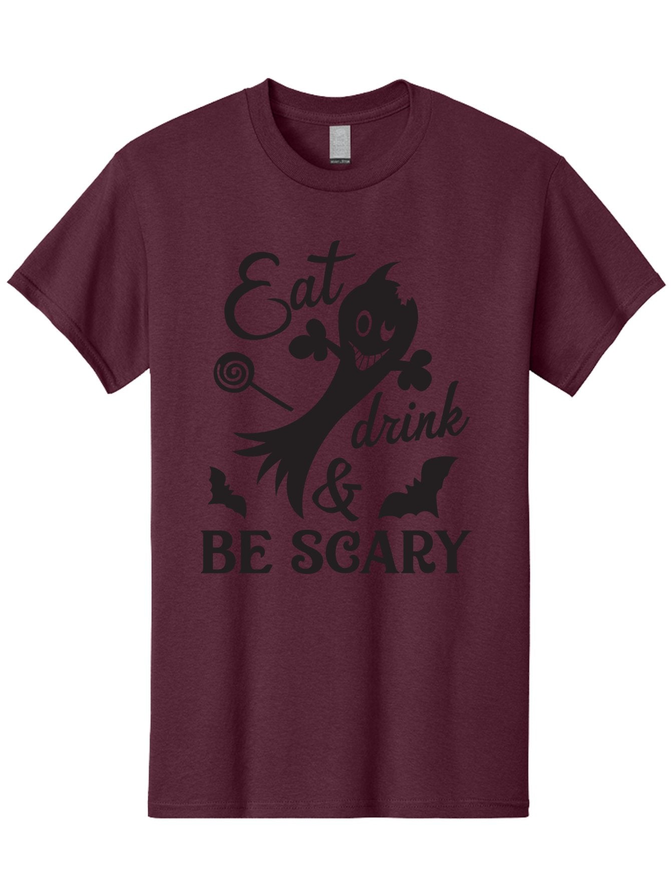 Eat-Drink-Be-Scary Men'S Graphic Tee, 100% Cotton, Comfortable Casual Summer Wear, Machine Washable, Halloween Design, Spooky T-Shirt, Halloween Quote, Eat Drink & Be Scary, Black Silhouette, Halloween Bats, Lollipop, Halloween Decorations, Aac680 8