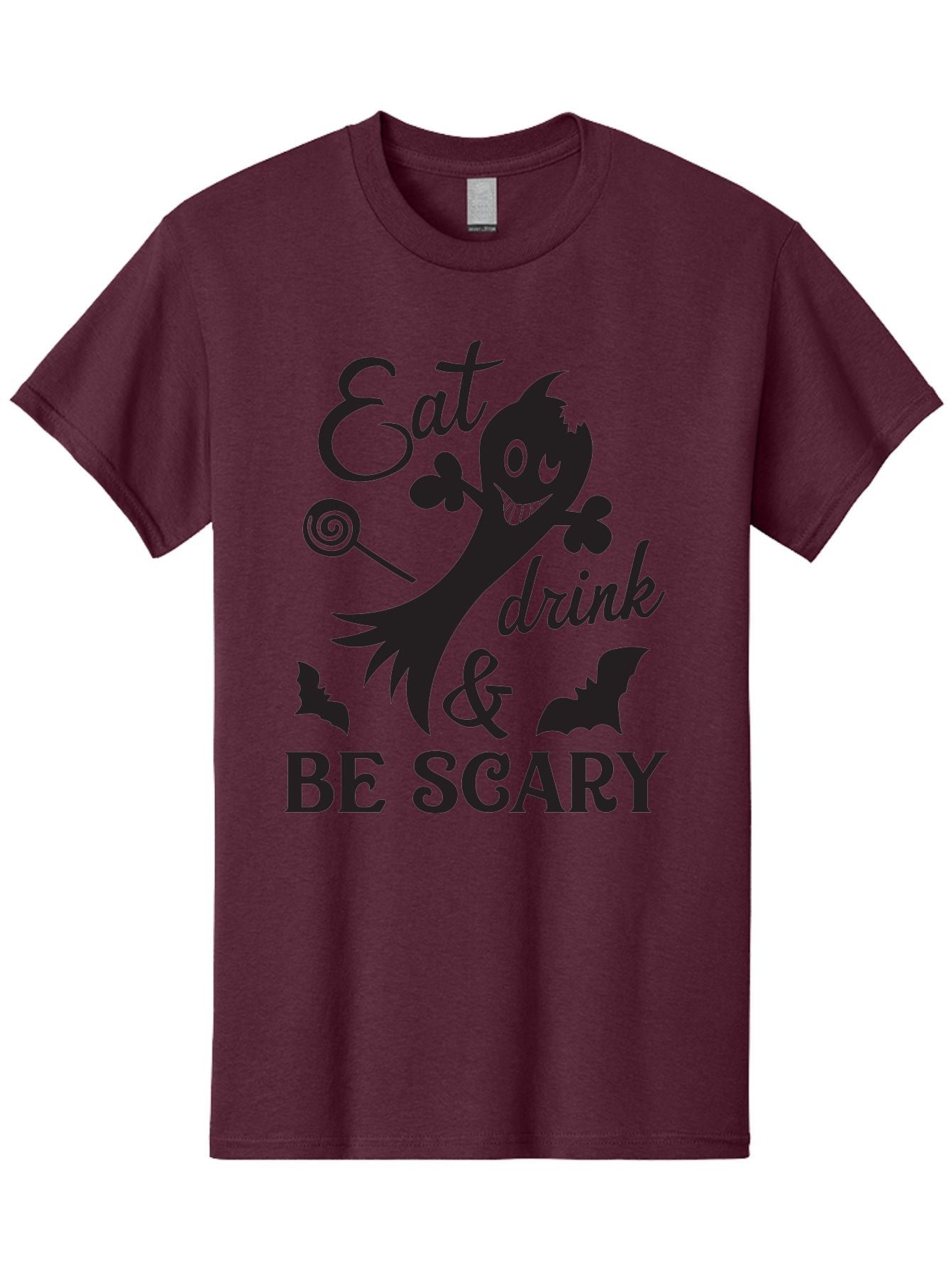 Eat-Drink-Be-Scary Men'S Graphic Tee, 100% Cotton, Comfortable Casual Summer Wear, Machine Washable, Halloween Design, Spooky T-Shirt, Halloween Quote, Eat Drink & Be Scary, Black Silhouette, Halloween Bats, Lollipop, Halloween Decorations, Aac680 11