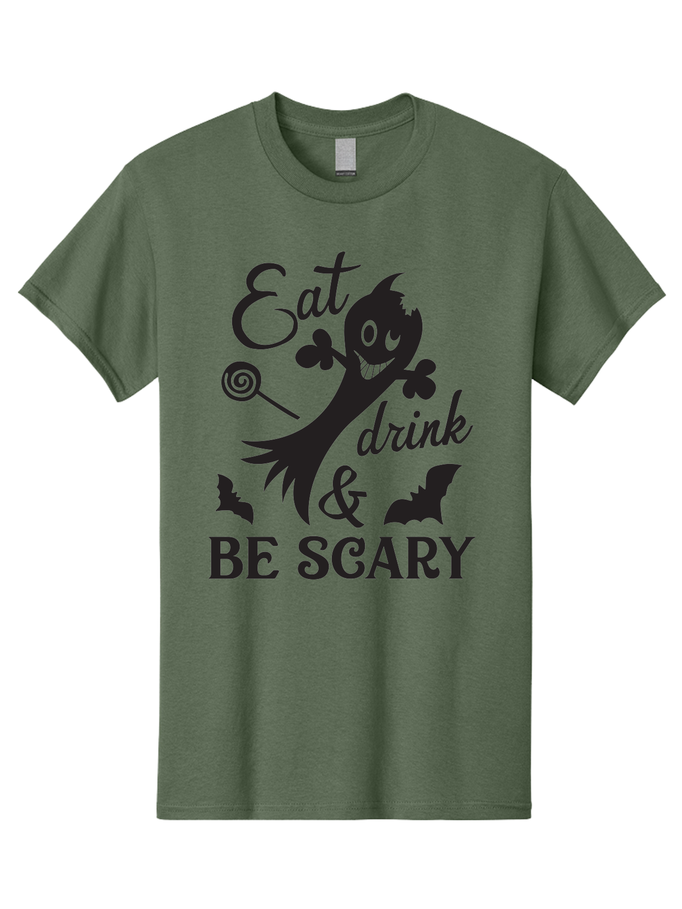 Eat-Drink-Be-Scary Men'S Graphic Tee, 100% Cotton, Comfortable Casual Summer Wear, Machine Washable, Halloween Design, Spooky T-Shirt, Halloween Quote, Eat Drink & Be Scary, Black Silhouette, Halloween Bats, Lollipop, Halloween Decorations, Aac680 21