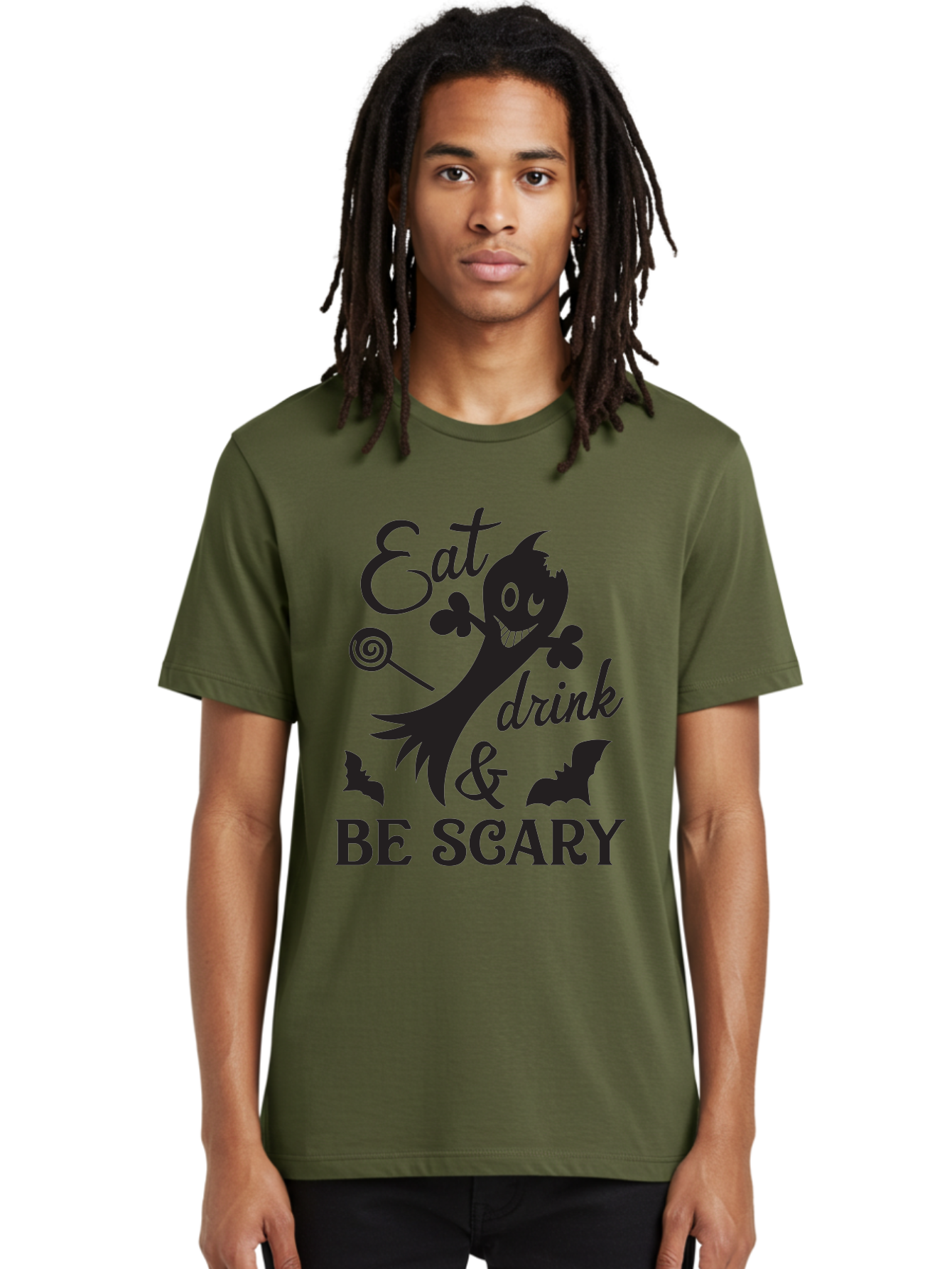 Eat-Drink-Be-Scary Men'S Graphic Tee, 100% Cotton, Comfortable Casual Summer Wear, Machine Washable, Halloween Design, Spooky T-Shirt, Halloween Quote, Eat Drink & Be Scary, Black Silhouette, Halloween Bats, Lollipop, Halloween Decorations, Aac680 22