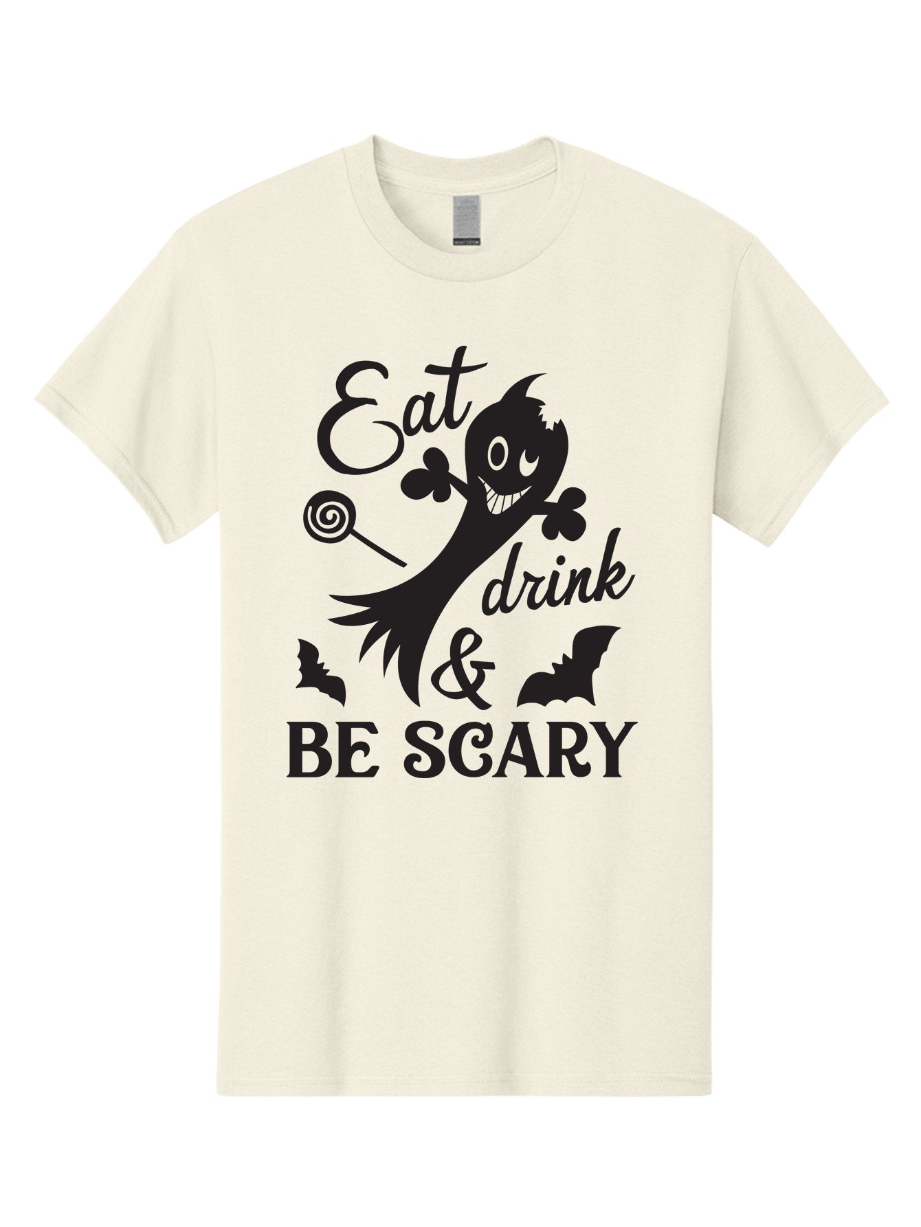 Eat-Drink-Be-Scary Men'S Graphic Tee, 100% Cotton, Comfortable Casual Summer Wear, Machine Washable, Halloween Design, Spooky T-Shirt, Halloween Quote, Eat Drink & Be Scary, Black Silhouette, Halloween Bats, Lollipop, Halloween Decorations, Aac680 6