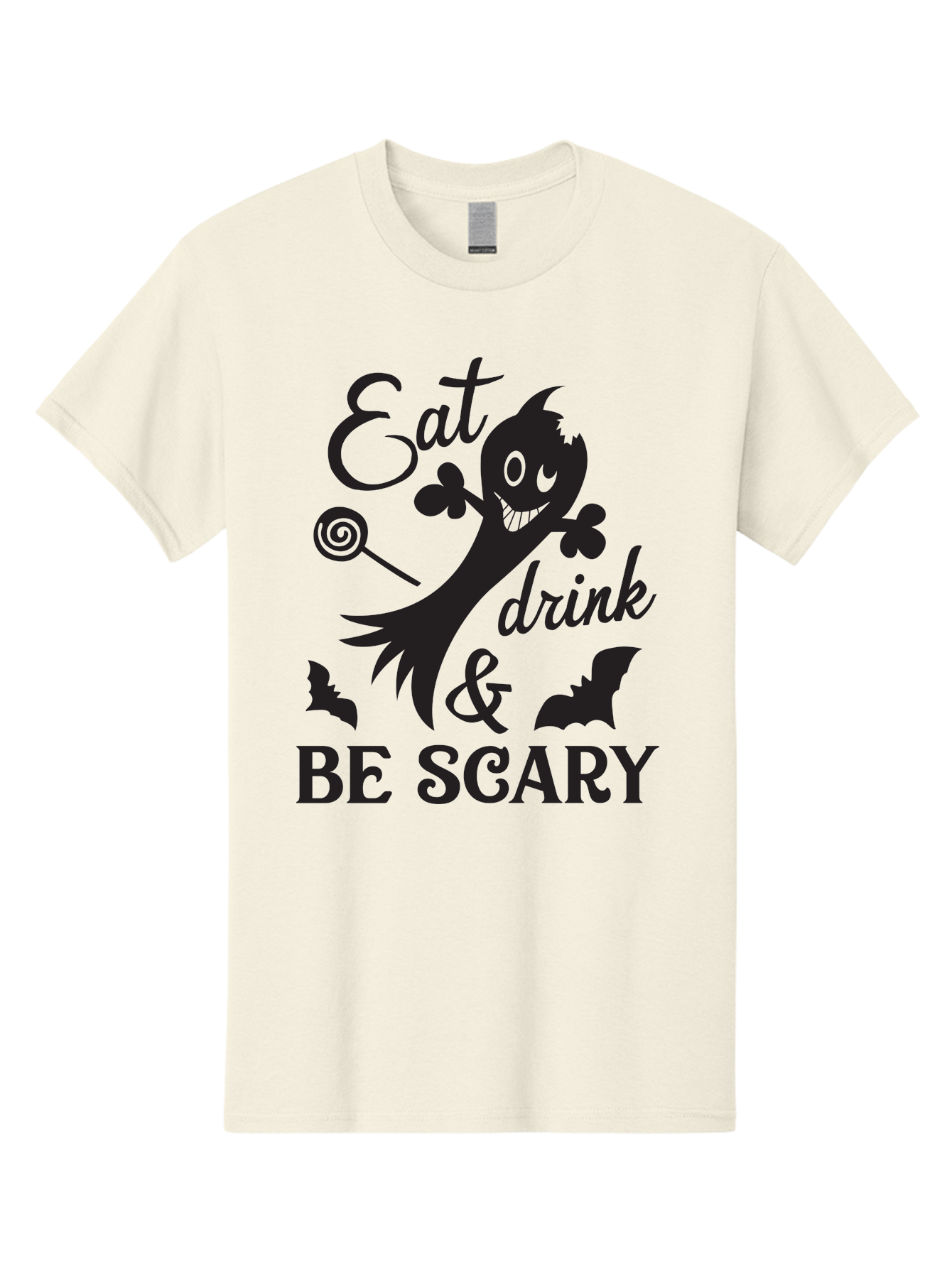 Eat-Drink-Be-Scary Men'S Graphic Tee, 100% Cotton, Comfortable Casual Summer Wear, Machine Washable, Halloween Design, Spooky T-Shirt, Halloween Quote, Eat Drink & Be Scary, Black Silhouette, Halloween Bats, Lollipop, Halloween Decorations, Aac680 13