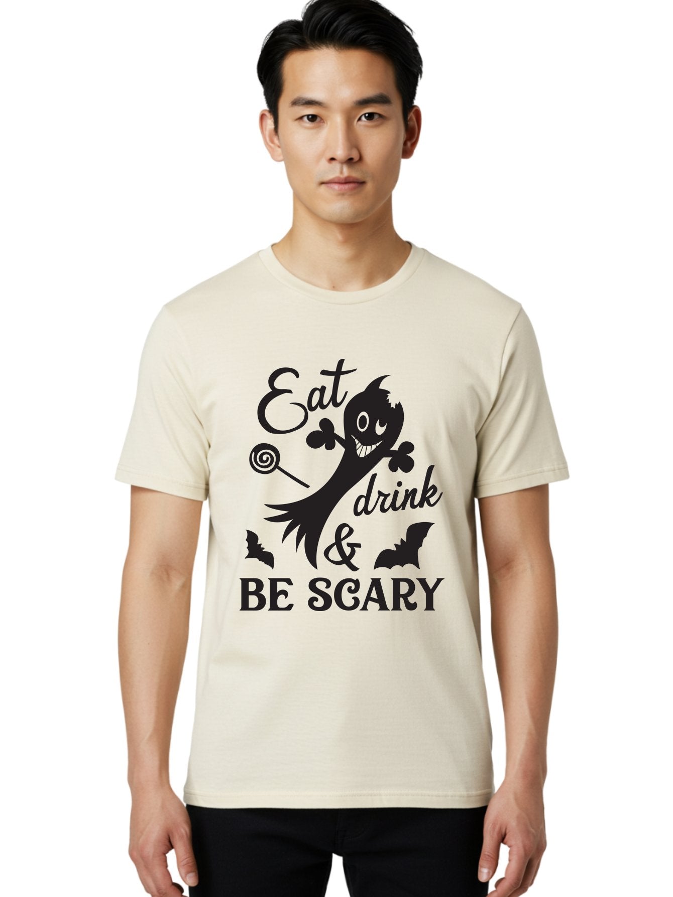 Eat-Drink-Be-Scary Men'S Graphic Tee, 100% Cotton, Comfortable Casual Summer Wear, Machine Washable, Halloween Design, Spooky T-Shirt, Halloween Quote, Eat Drink & Be Scary, Black Silhouette, Halloween Bats, Lollipop, Halloween Decorations, Aac680 24