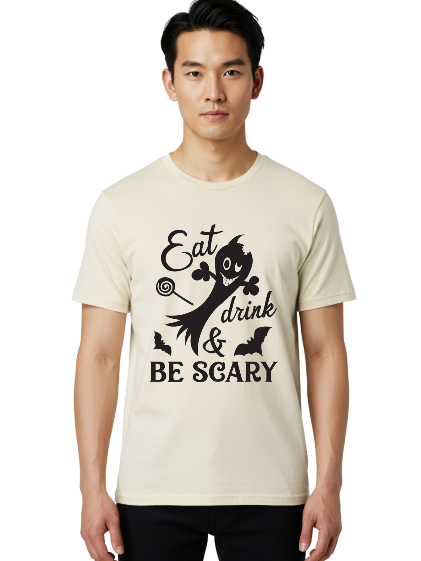 Eat-Drink-Be-Scary Men'S Graphic Tee, 100% Cotton, Comfortable Casual Summer Wear, Machine Washable, Halloween Design, Spooky T-Shirt, Halloween Quote, Eat Drink & Be Scary, Black Silhouette, Halloween Bats, Lollipop, Halloween Decorations, Aac680 14