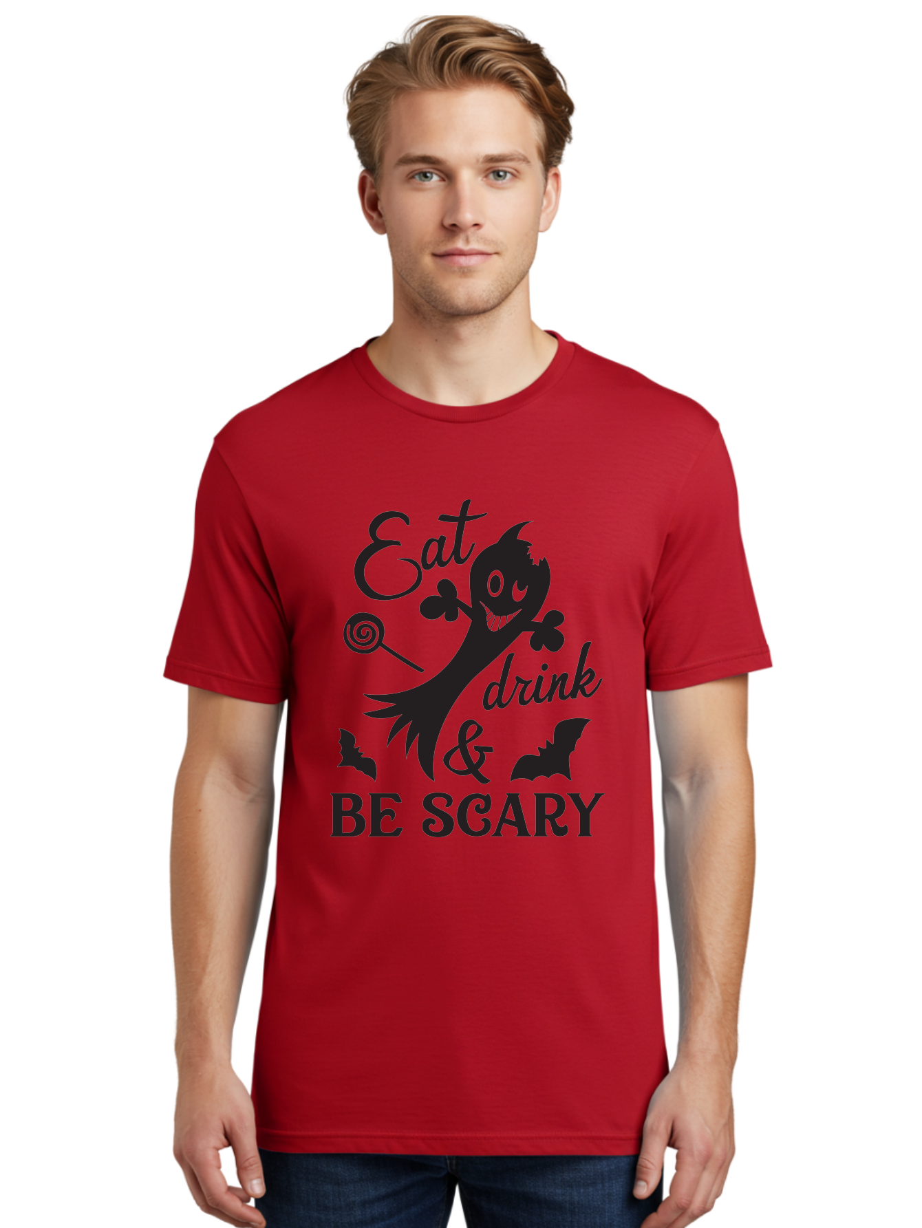 Eat-Drink-Be-Scary Men'S Graphic Tee, 100% Cotton, Comfortable Casual Summer Wear, Machine Washable, Halloween Design, Spooky T-Shirt, Halloween Quote, Eat Drink & Be Scary, Black Silhouette, Halloween Bats, Lollipop, Halloween Decorations, Aac680 28