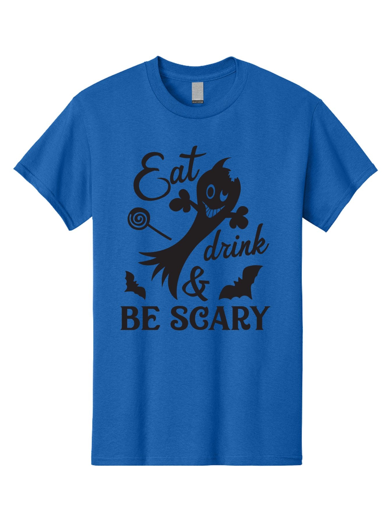 Eat-Drink-Be-Scary Men'S Graphic Tee, 100% Cotton, Comfortable Casual Summer Wear, Machine Washable, Halloween Design, Spooky T-Shirt, Halloween Quote, Eat Drink & Be Scary, Black Silhouette, Halloween Bats, Lollipop, Halloween Decorations, Aac680