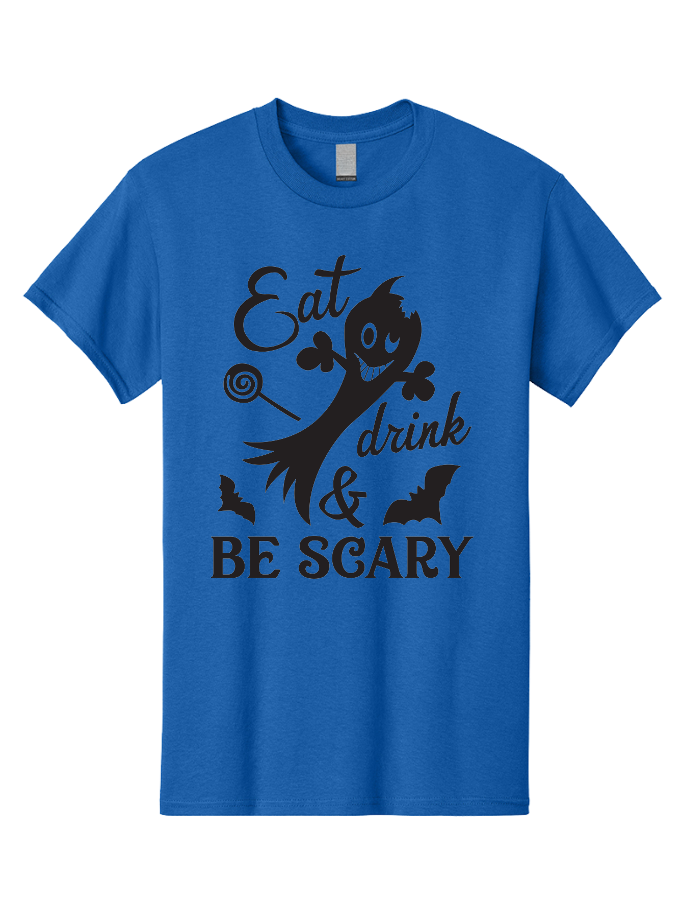 Eat-Drink-Be-Scary Men'S Graphic Tee, 100% Cotton, Comfortable Casual Summer Wear, Machine Washable, Halloween Design, Spooky T-Shirt, Halloween Quote, Eat Drink & Be Scary, Black Silhouette, Halloween Bats, Lollipop, Halloween Decorations, Aac680 19