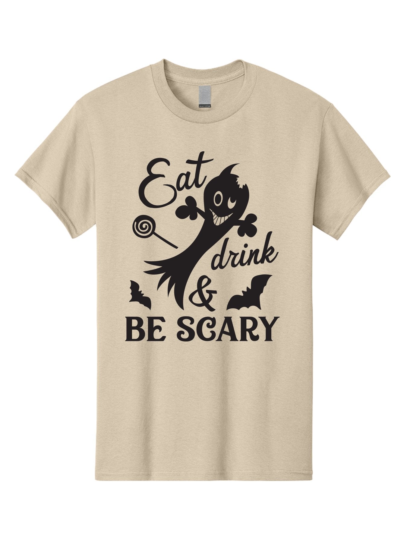 Eat-Drink-Be-Scary Men'S Graphic Tee, 100% Cotton, Comfortable Casual Summer Wear, Machine Washable, Halloween Design, Spooky T-Shirt, Halloween Quote, Eat Drink & Be Scary, Black Silhouette, Halloween Bats, Lollipop, Halloween Decorations, Aac680 5
