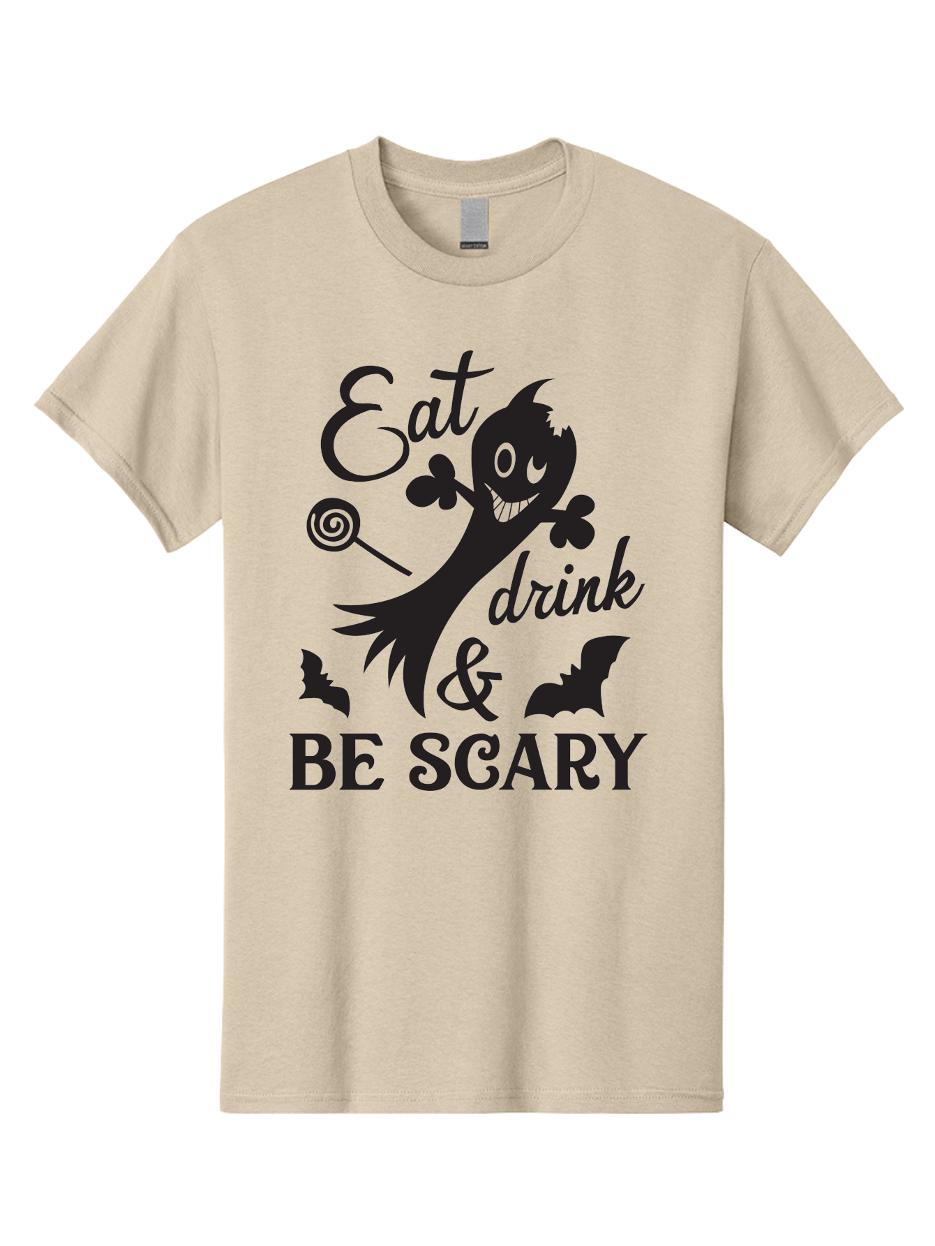 Eat-Drink-Be-Scary Men'S Graphic Tee, 100% Cotton, Comfortable Casual Summer Wear, Machine Washable, Halloween Design, Spooky T-Shirt, Halloween Quote, Eat Drink & Be Scary, Black Silhouette, Halloween Bats, Lollipop, Halloween Decorations, Aac680 15