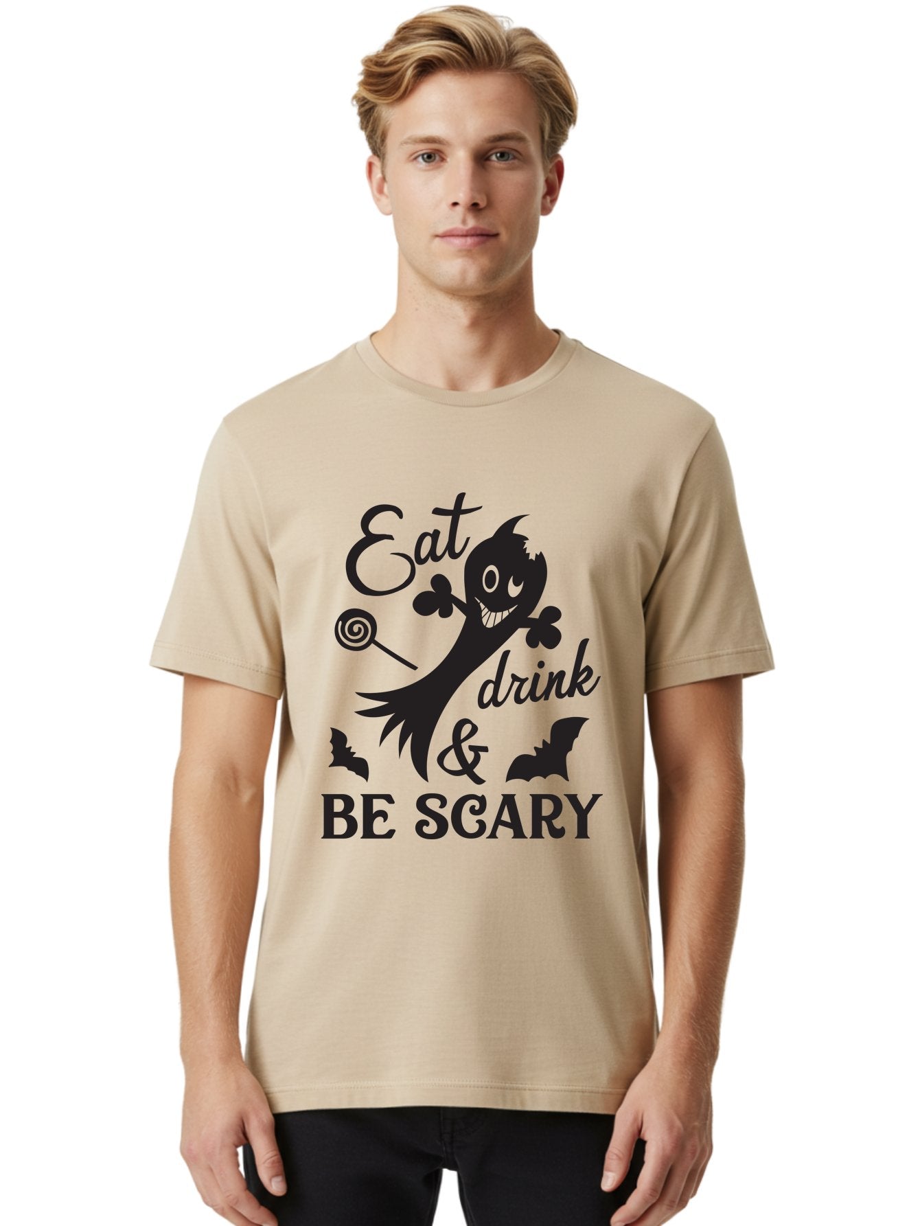 Eat-Drink-Be-Scary Men'S Graphic Tee, 100% Cotton, Comfortable Casual Summer Wear, Machine Washable, Halloween Design, Spooky T-Shirt, Halloween Quote, Eat Drink & Be Scary, Black Silhouette, Halloween Bats, Lollipop, Halloween Decorations, Aac680 23