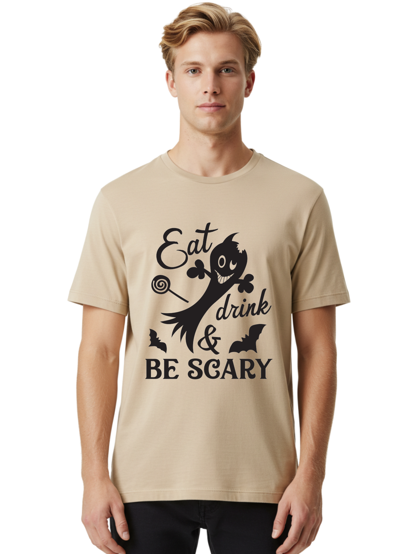 Eat-Drink-Be-Scary Men'S Graphic Tee, 100% Cotton, Comfortable Casual Summer Wear, Machine Washable, Halloween Design, Spooky T-Shirt, Halloween Quote, Eat Drink & Be Scary, Black Silhouette, Halloween Bats, Lollipop, Halloween Decorations, Aac680 16