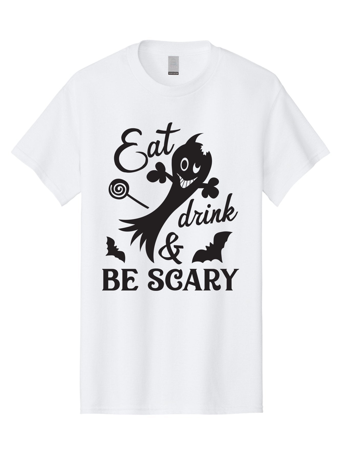 Eat-Drink-Be-Scary Men'S Graphic Tee, 100% Cotton, Comfortable Casual Summer Wear, Machine Washable, Halloween Design, Spooky T-Shirt, Halloween Quote, Eat Drink & Be Scary, Black Silhouette, Halloween Bats, Lollipop, Halloween Decorations, Aac680 4