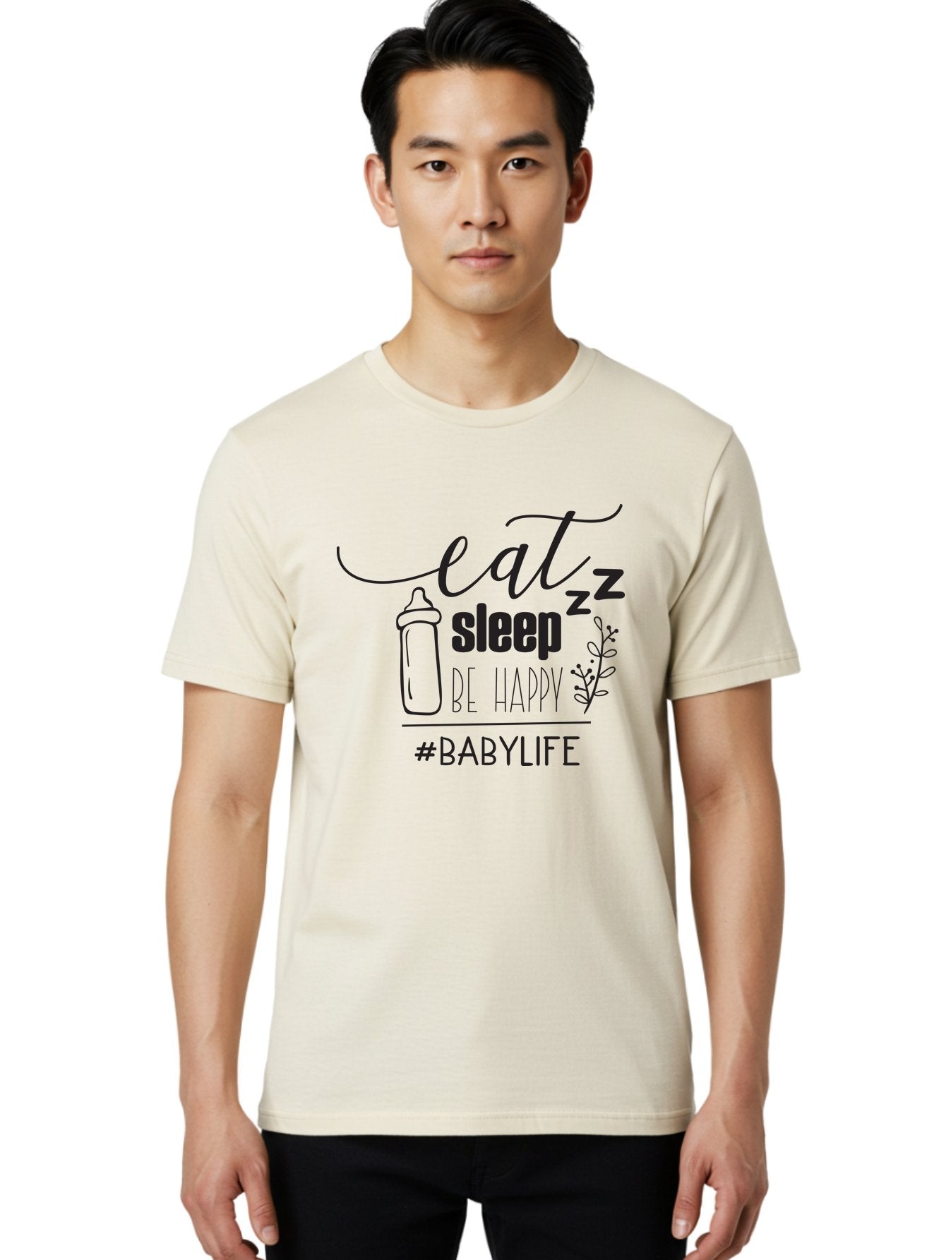 Eat-Sleep-Be-Happy Men'S Graphic Tee, 100% Cotton, Comfortable Casual Summer Wear, Machine Washable, Baby Bottle, Eat Sleep Be Happy, Baby Life, Newborn Care, Parenting Tips, Baby Essentials, Hashtag Babylife, Simple Design, Minimalist Style Aac681 19