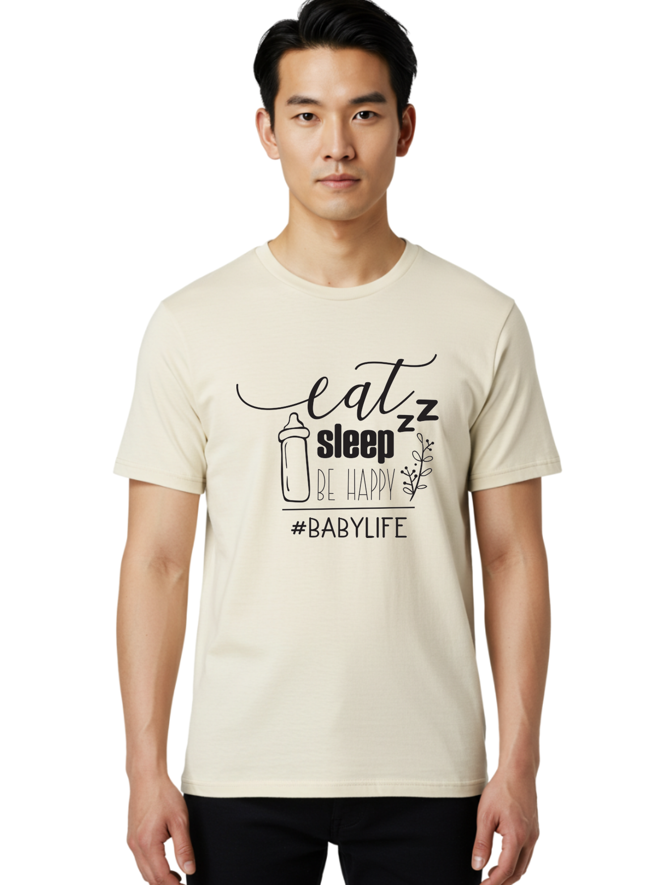 Eat-Sleep-Be-Happy Men'S Graphic Tee, 100% Cotton, Comfortable Casual Summer Wear, Machine Washable, Baby Bottle, Eat Sleep Be Happy, Baby Life, Newborn Care, Parenting Tips, Baby Essentials, Hashtag Babylife, Simple Design, Minimalist Style Aac681 22